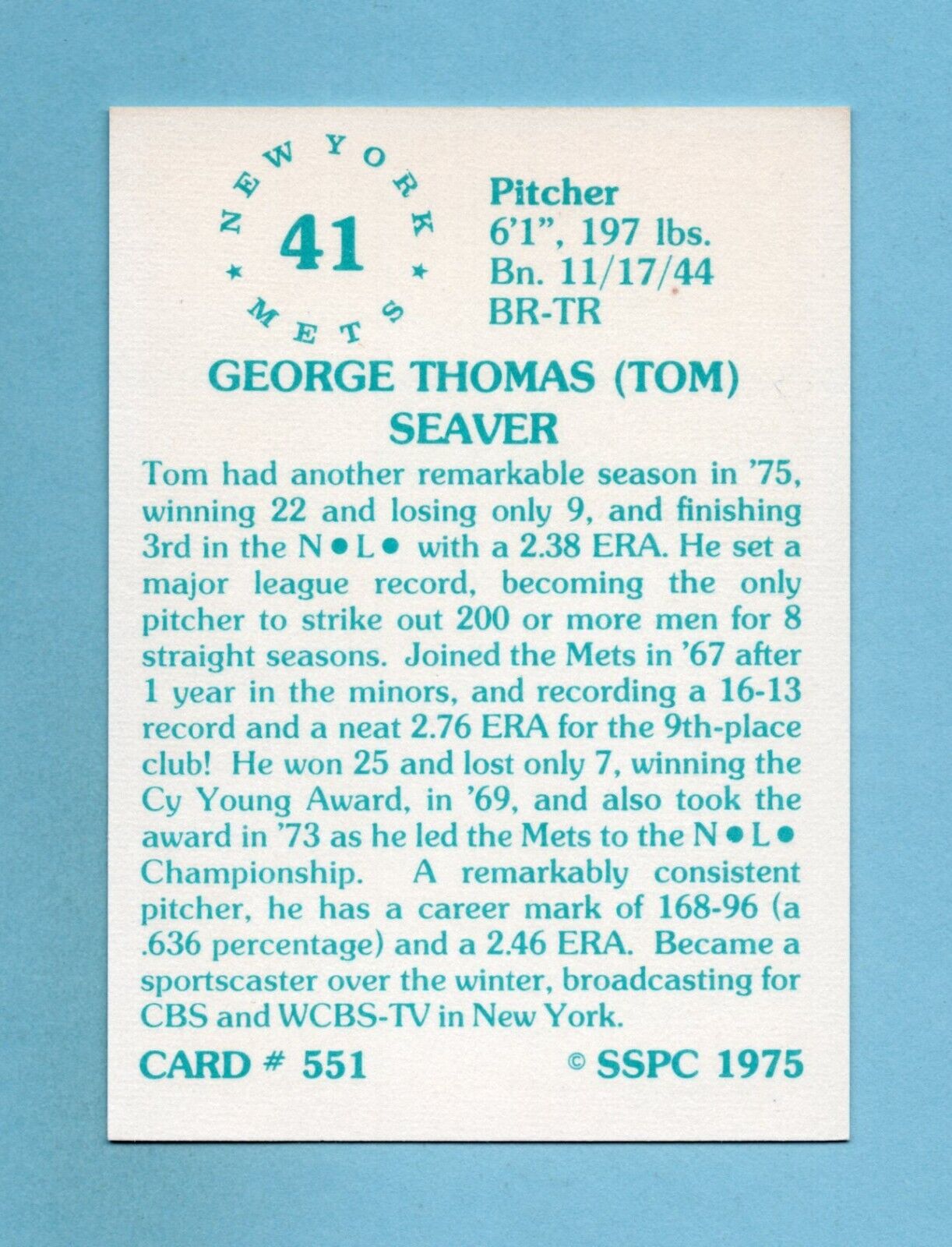 1975 SSPC #551 Tom Seaver New York Mets Baseball Card NM