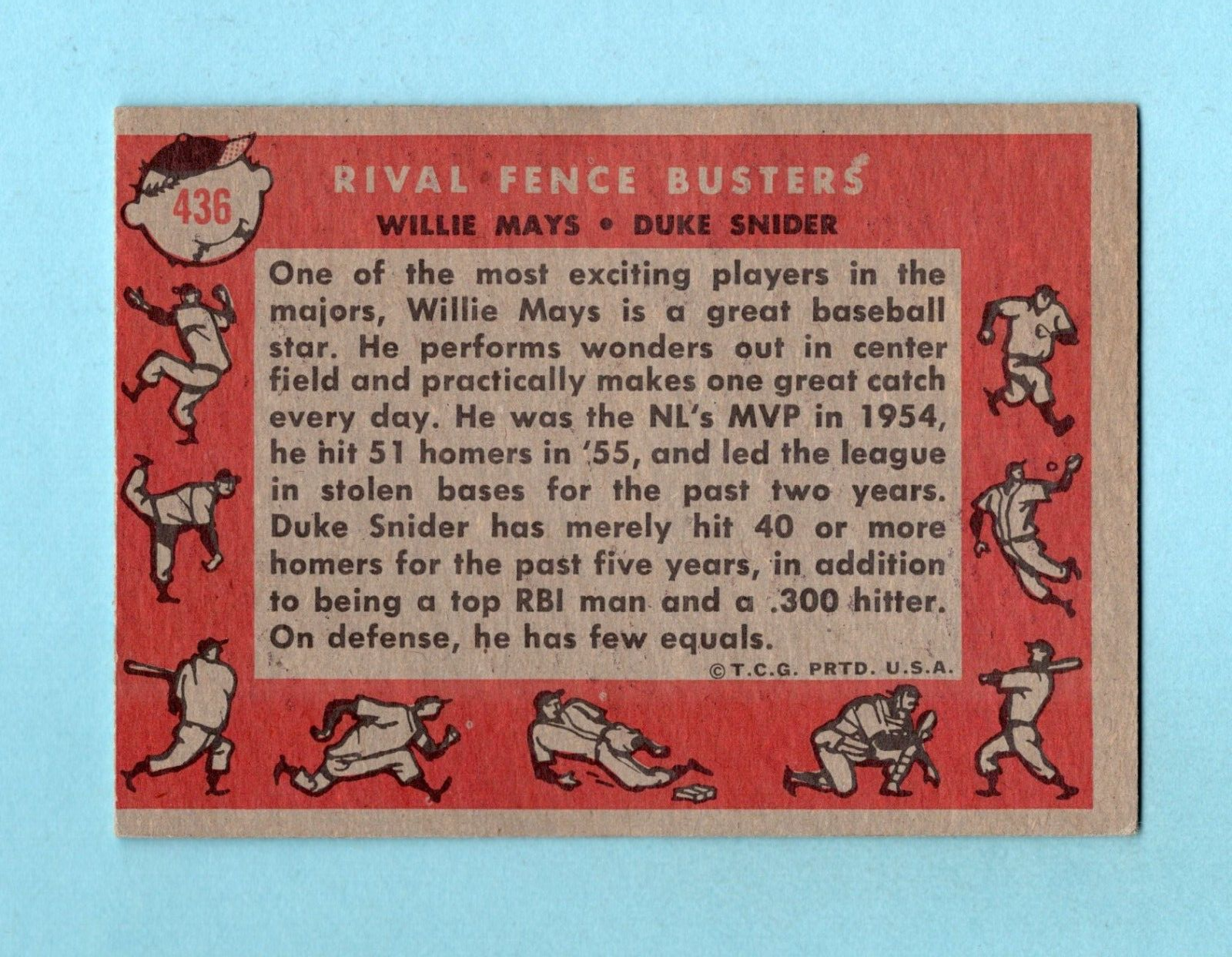 1958 Topps #436 Rival Fence Busters Willie Mays, Duke Snider Baseball Card E+ oc