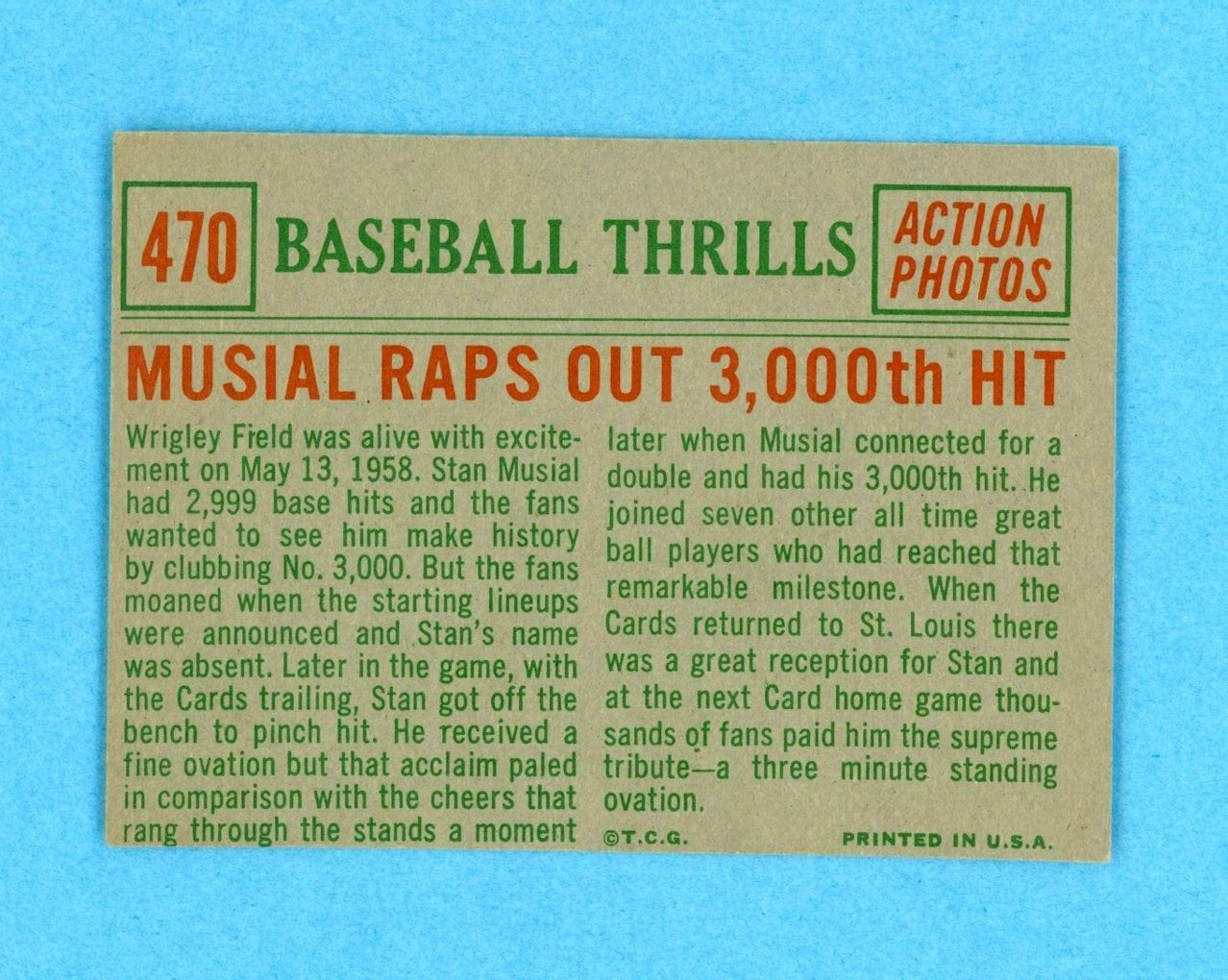 1959 Topps #470 Baseball Thrills Stan Musial St Louis Baseball Card E/M oc wrk