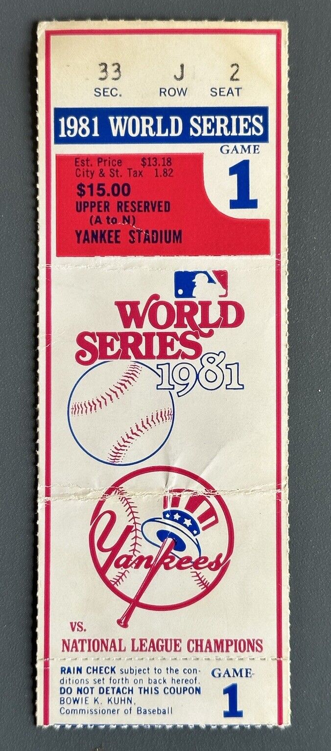 1981 World Series Ticket Stub Game 1 Dodgers @ Yankees - Bob Watson 3-run HR