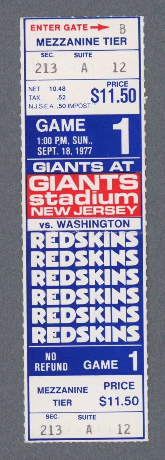 9/18/77 Washington Redskins vs New York Giants Full Ticket