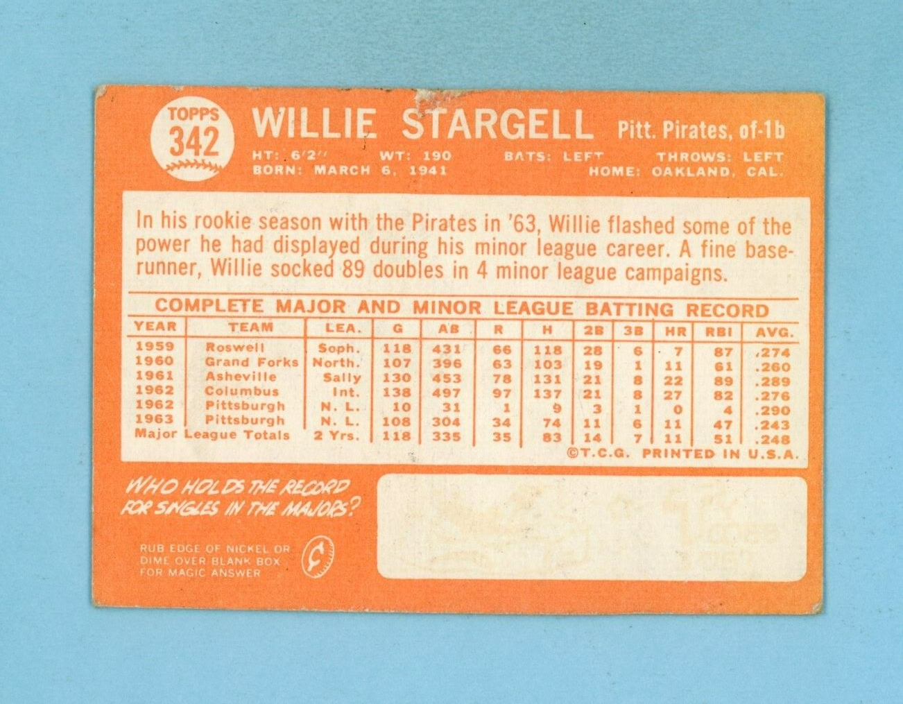 1964 Topps #342 Willie Stargell Pittsburgh Pirates Baseball Card EX o/c sc bk