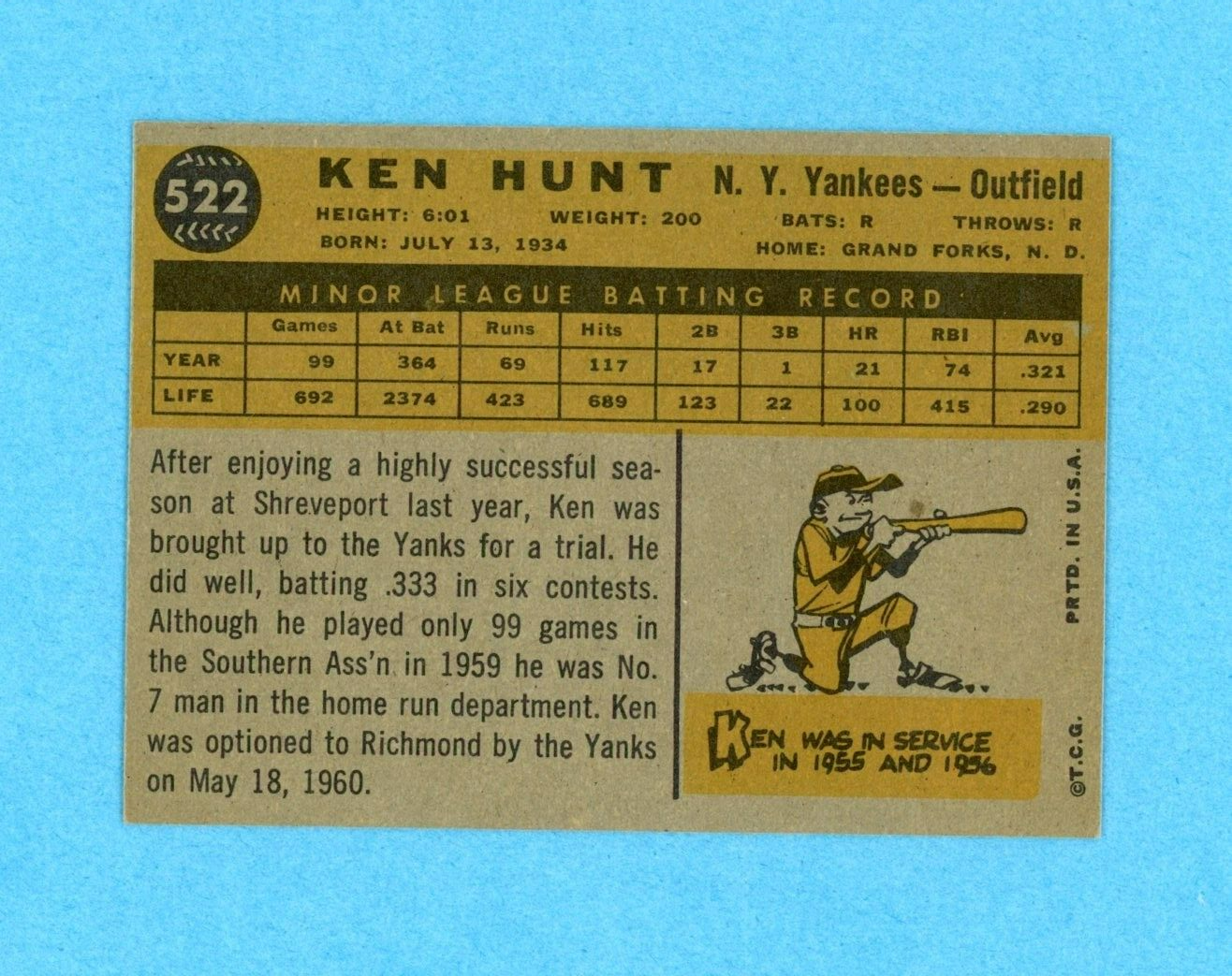 1960 Topps #522 Ken Hunt New York Yankees Rookie Baseball Card NM fpmks