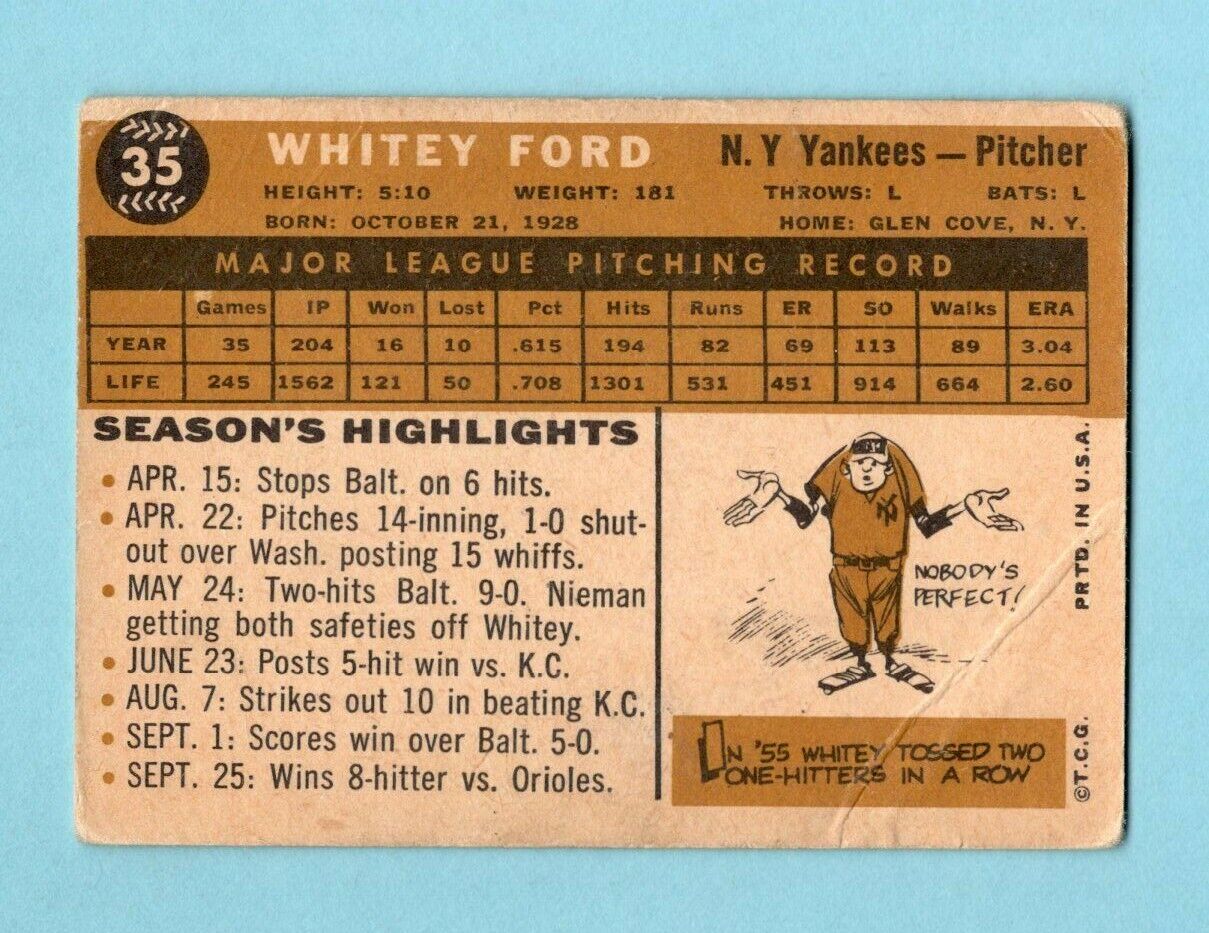 1960 Topps #35 Whitey Ford New York Yankees Baseball Card Low Grade   