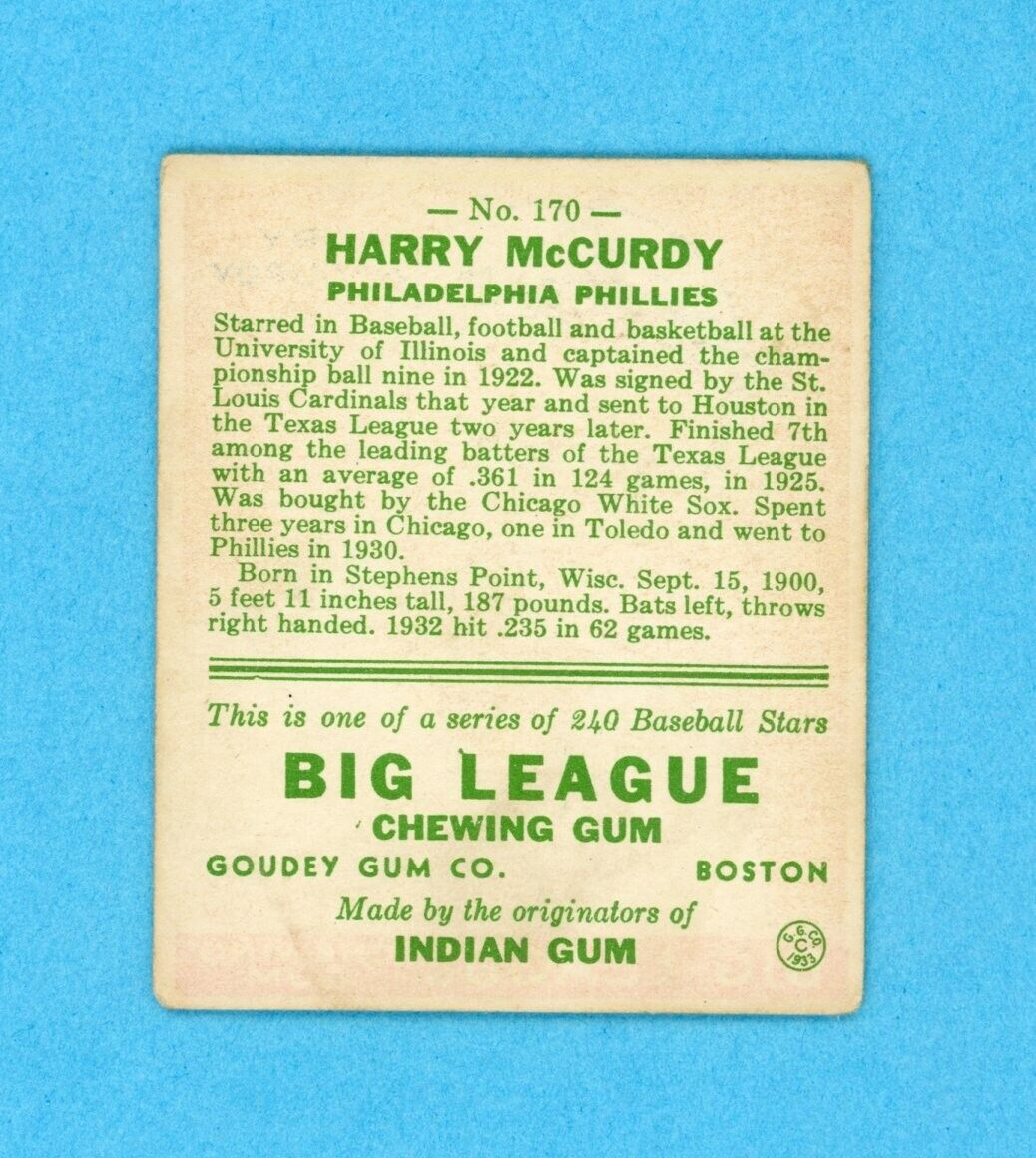 1933 Goudey #170 Harry McCurdy Philadelphia Phillies Baseball Card Vg/Ex wrk brc