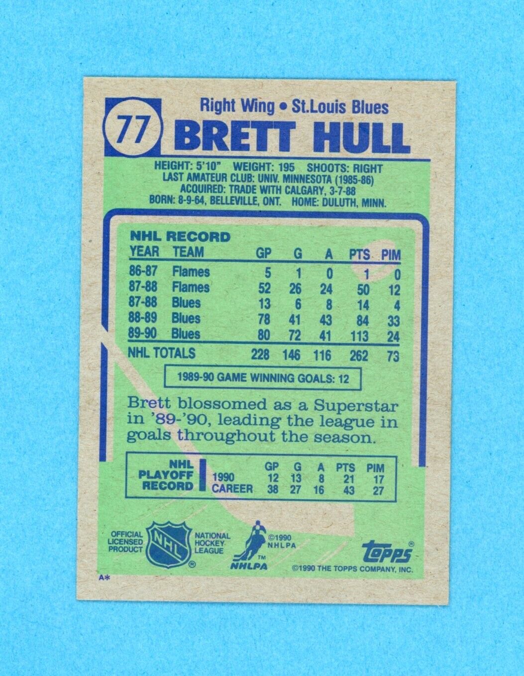 Brett Hull Signed 1990 Topps Card #77 • Auto w B&E Hologram