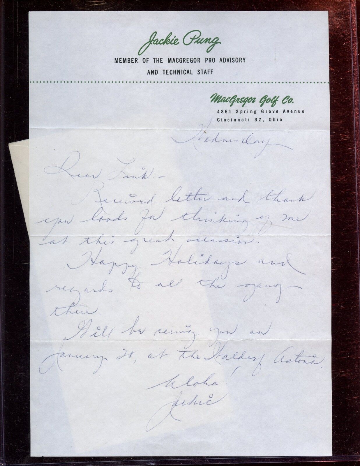 Vintage Jackie Ping Signed Letter With Mailing Envelope