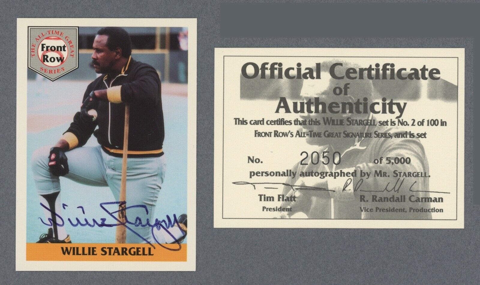 Willie Stargell Signed 1992 Front Row Card #1 w/cert Auto w B&E Hologram