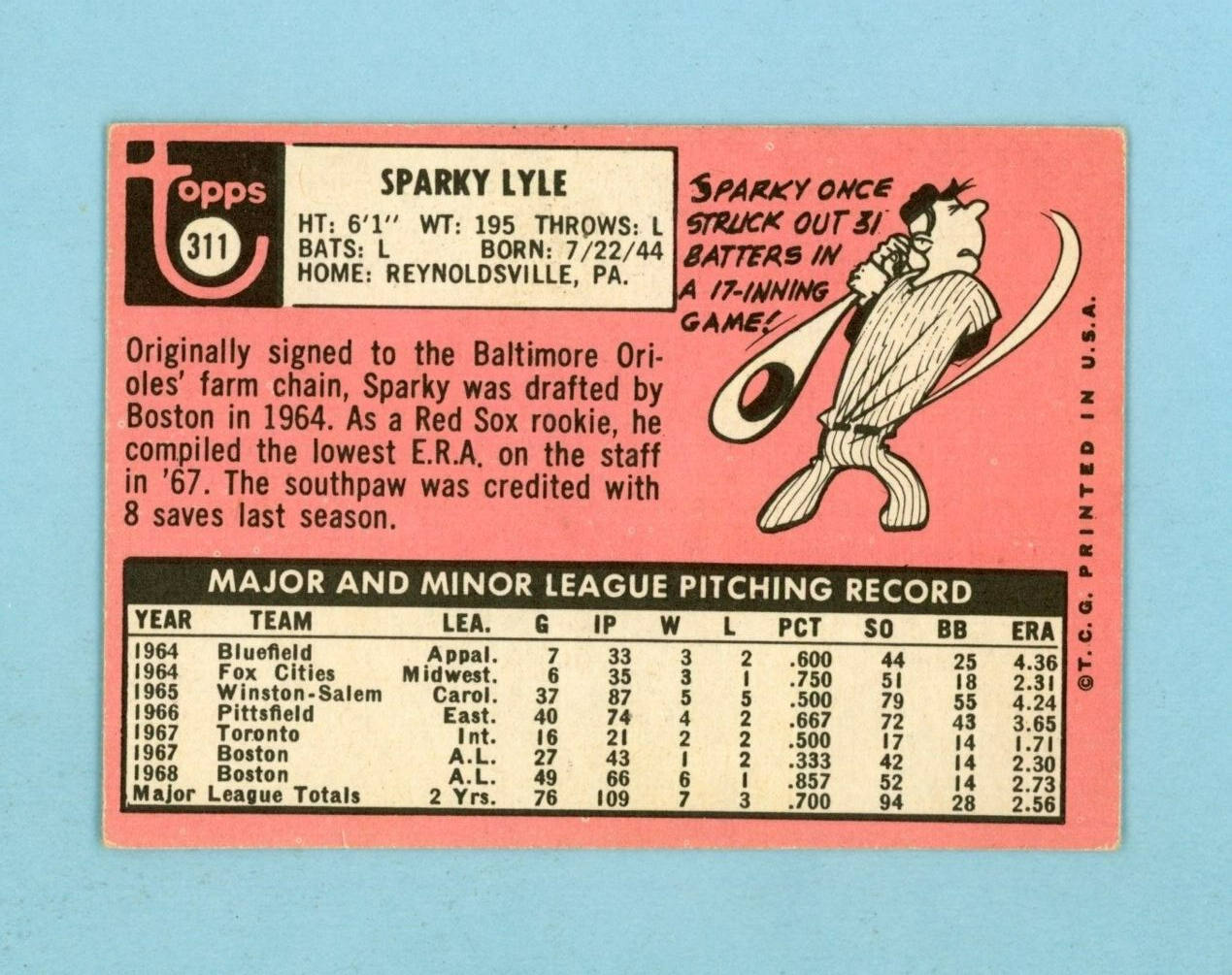 1969 Topps #311 Sparky Lyle Boston Red Sox Rookie Baseball Card Vg/Ex