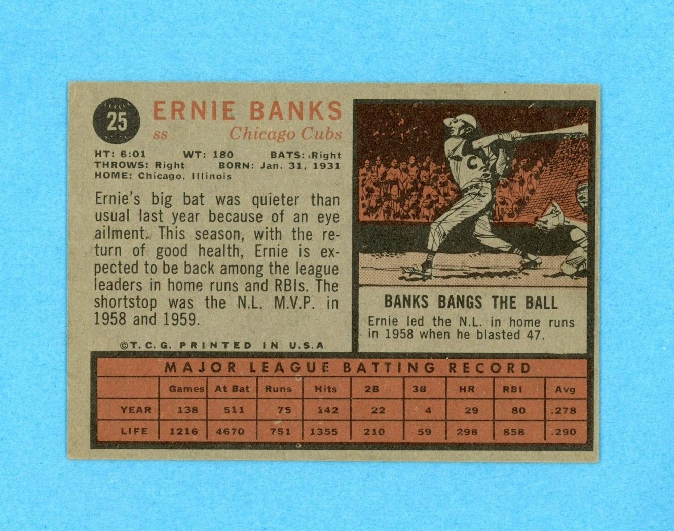 1962 Topps #25 Ernie Banks Chicago Cubs Baseball Card EX pt mk