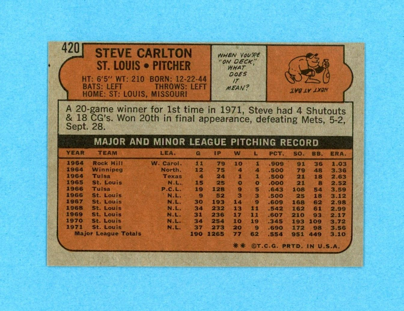 1972 Topps #420 Steve Carlton St. Louis Cardinals Baseball Card NM