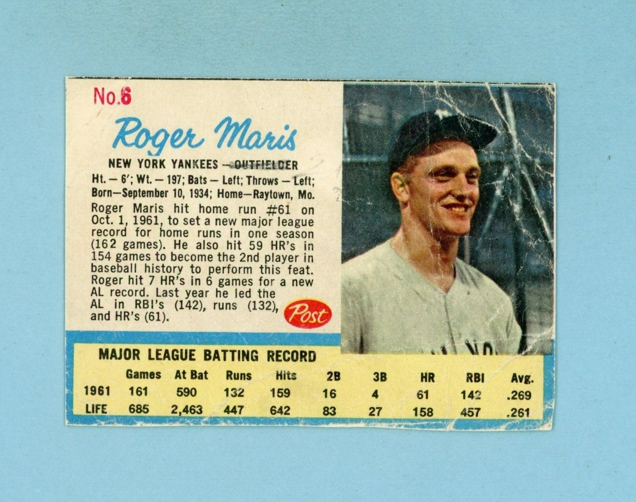 1962 Post Cereal #6 Roger Maris New York Yankees Baseball Card Low Grade