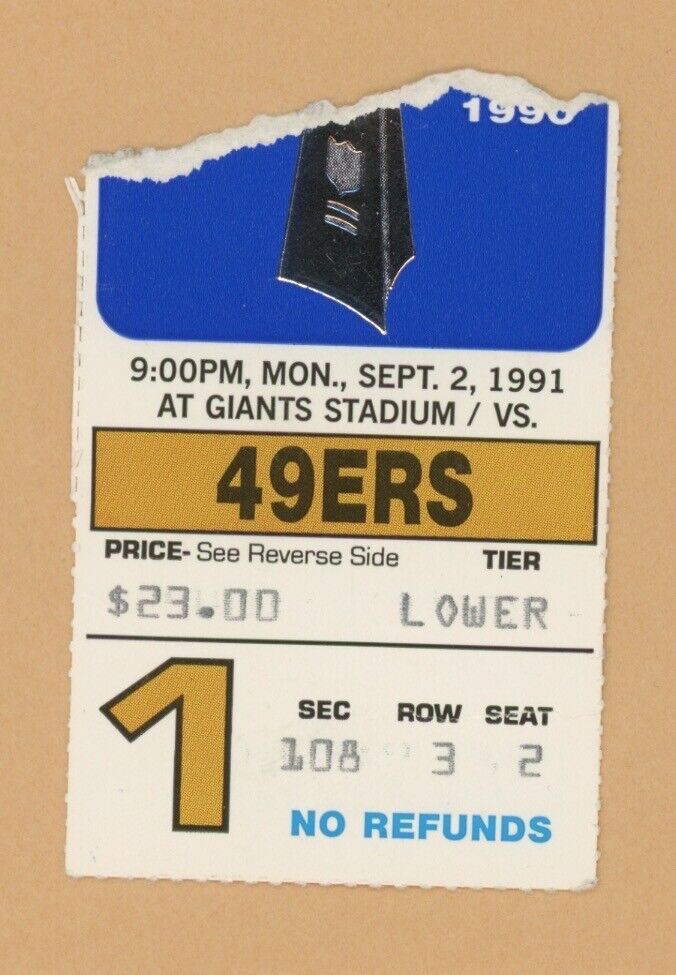 9/2/91 San Francisco 49ers at New York Giants Ticket Stub