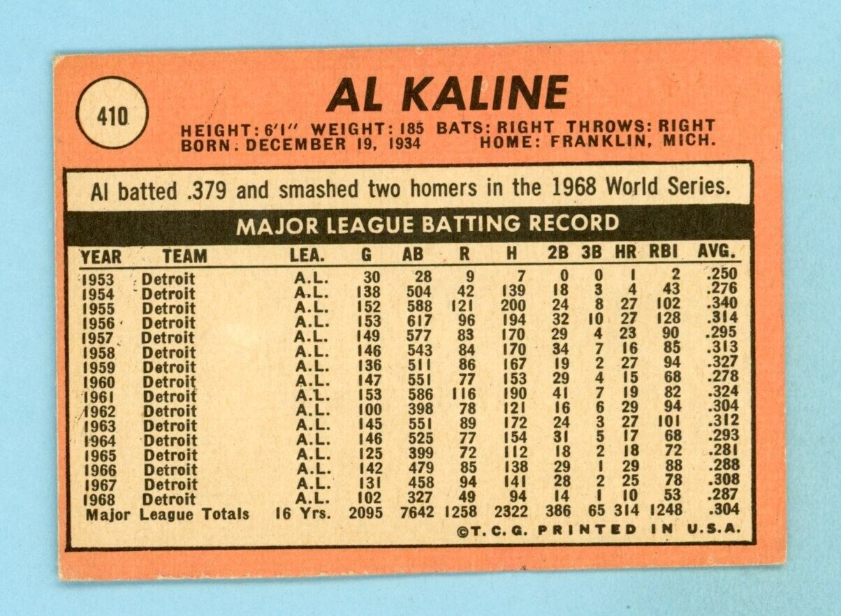 1969 Topps #410 Al Kaline Detroit Tigers Baseball Card Vg/Ex