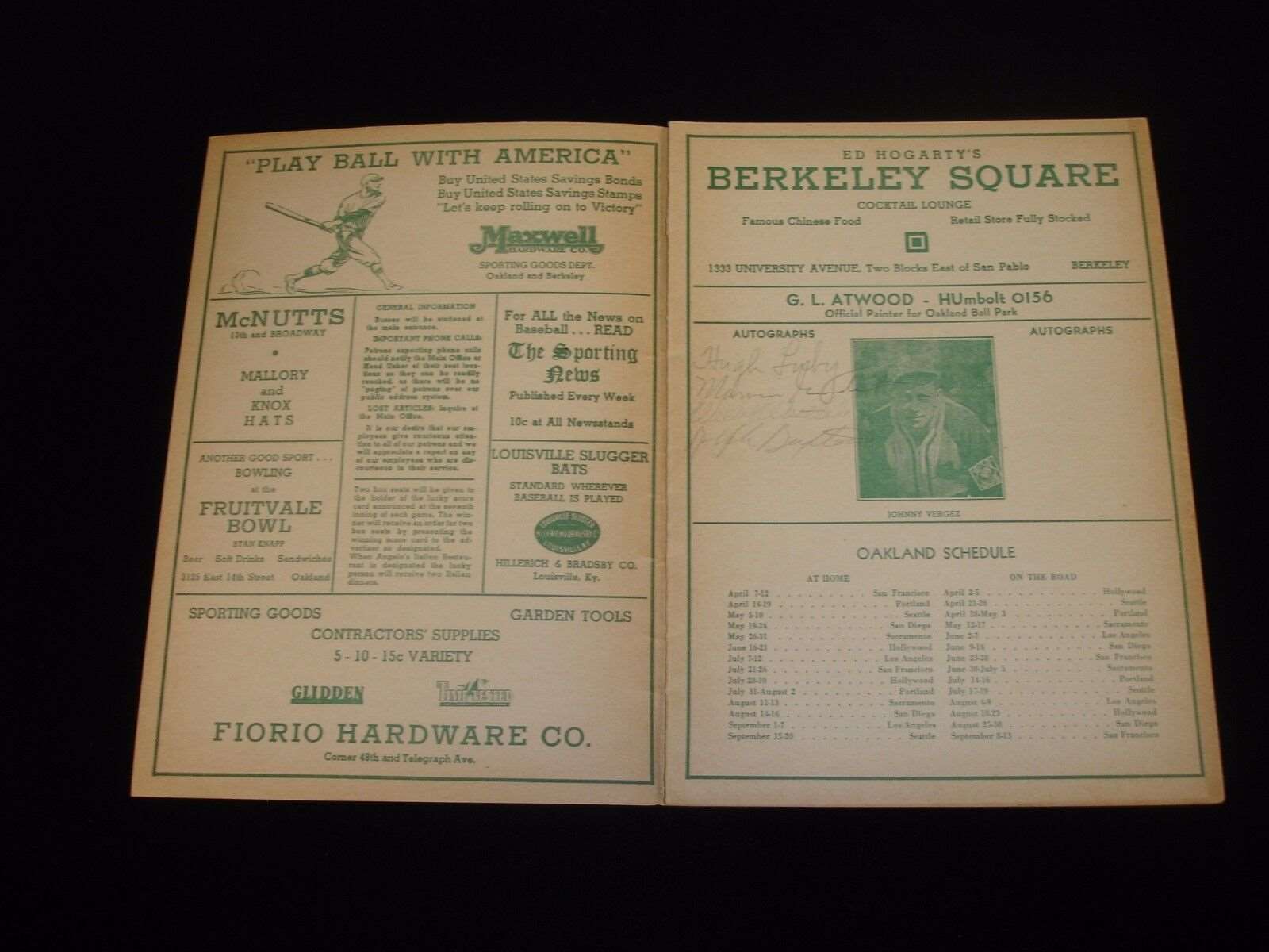 1942 Pacific Coast League Official Scorecard w/ 4 autographs-Hollywood @ Oakland