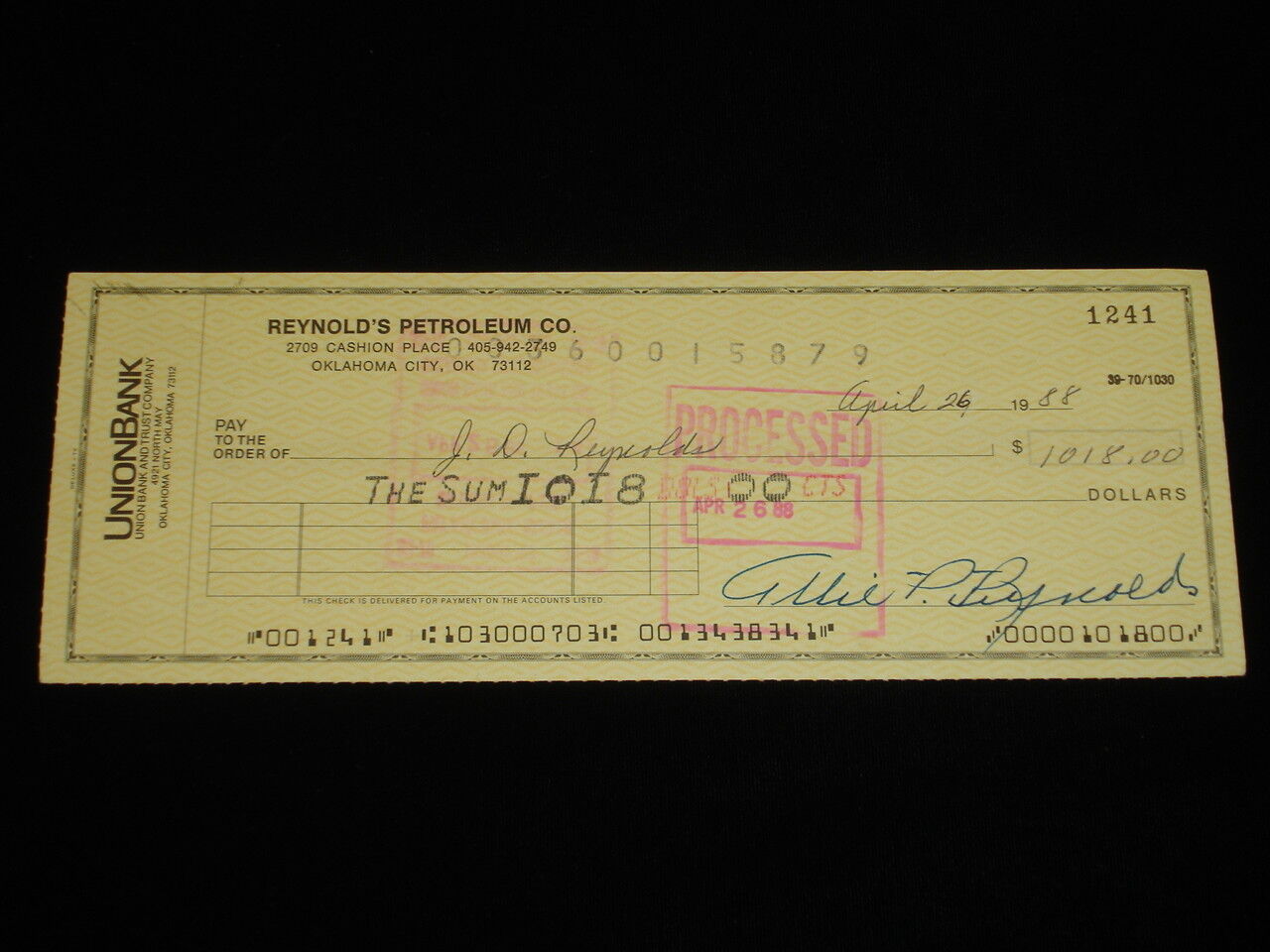 Allie Reynolds NY Yankees Signed Business Check