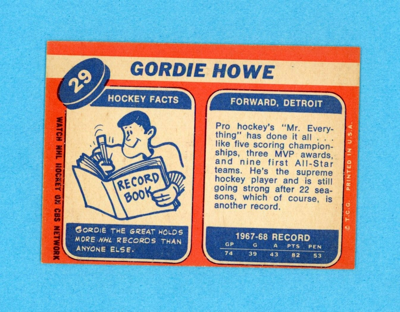 1968-69 Topps #29 Gordie Howe Detroit Red Wings Hockey Card Ex/Mt o/c