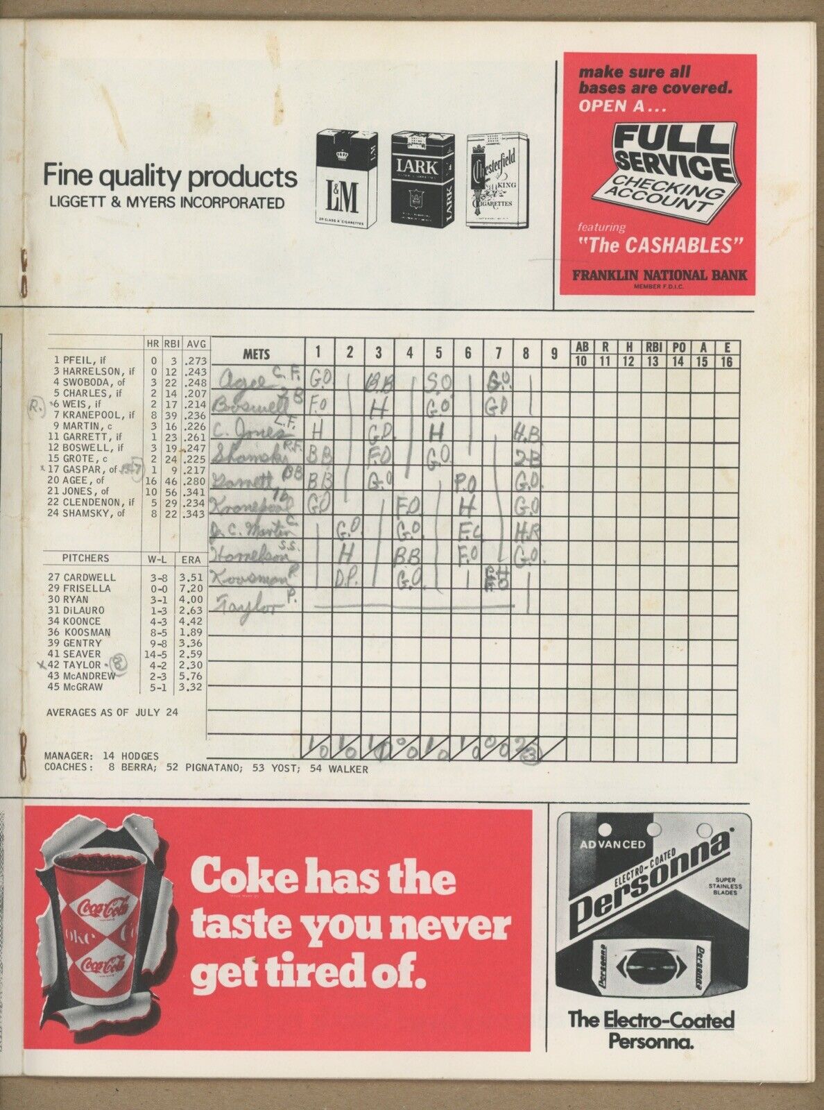 July 25, 1969 NY Mets vs Cincinnati Reds Program at Shea Stadium • Neatly Scored