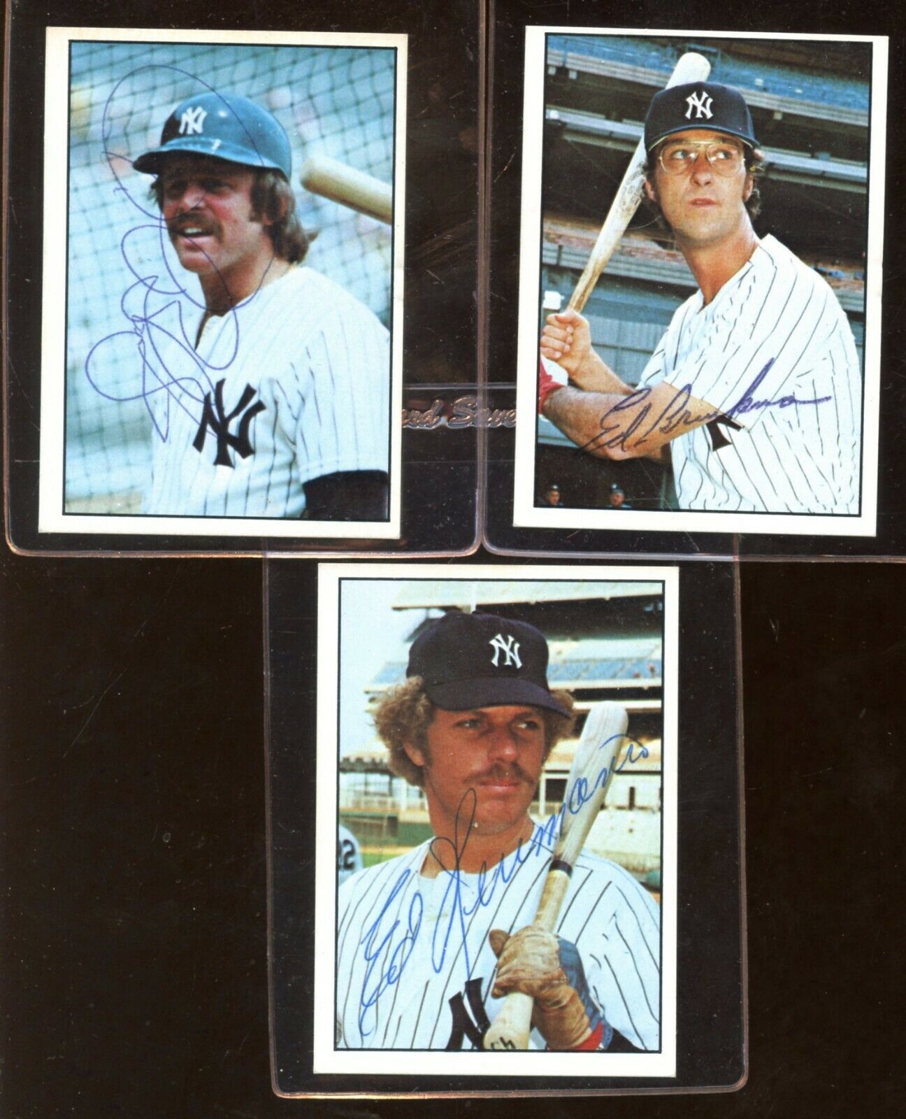 3 Diff 1975 SPCC NY Yankees SIGNED Baseball Cards w/ Blomberg Hermann Brinkman