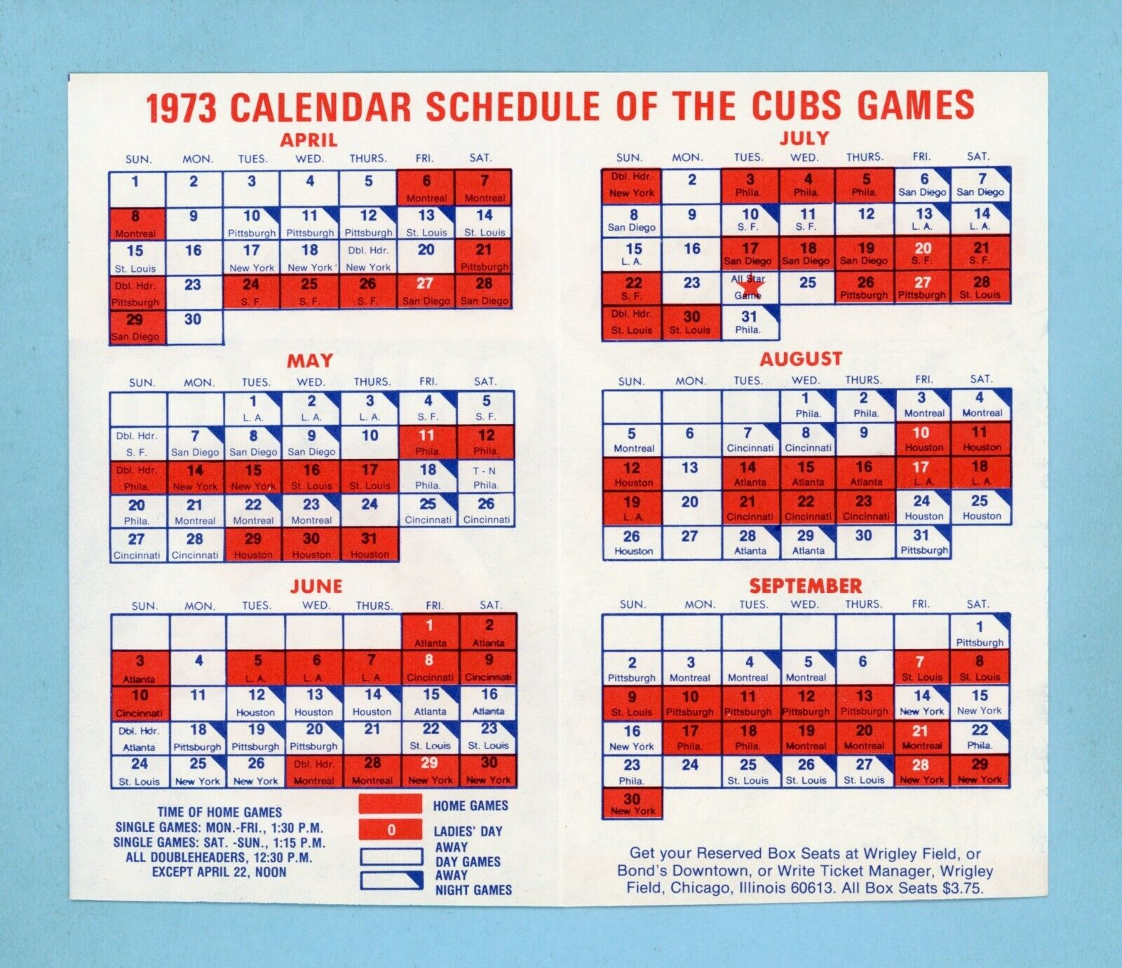 1973 Chicago Cubs Pocket Schedule