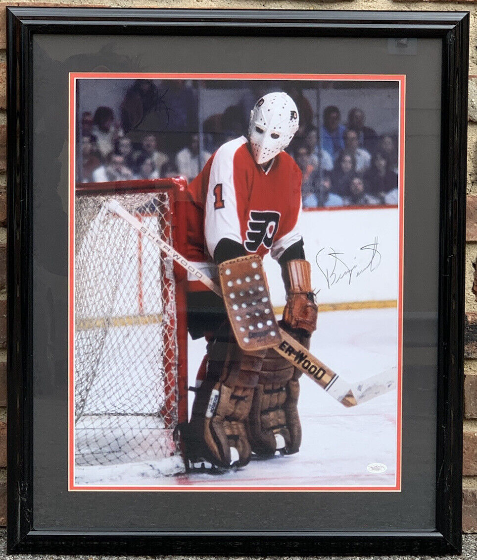 Bernie Parent Flyers Goalie SIGNED 16x20 Double Matted Framed Photo JSA sticker