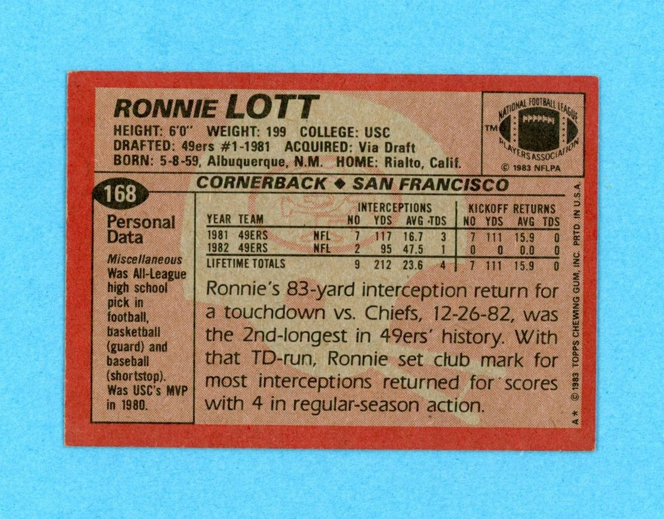 Ronnie Lott San Francisco 49ers 1983 Topps #168 Autographed Football Card