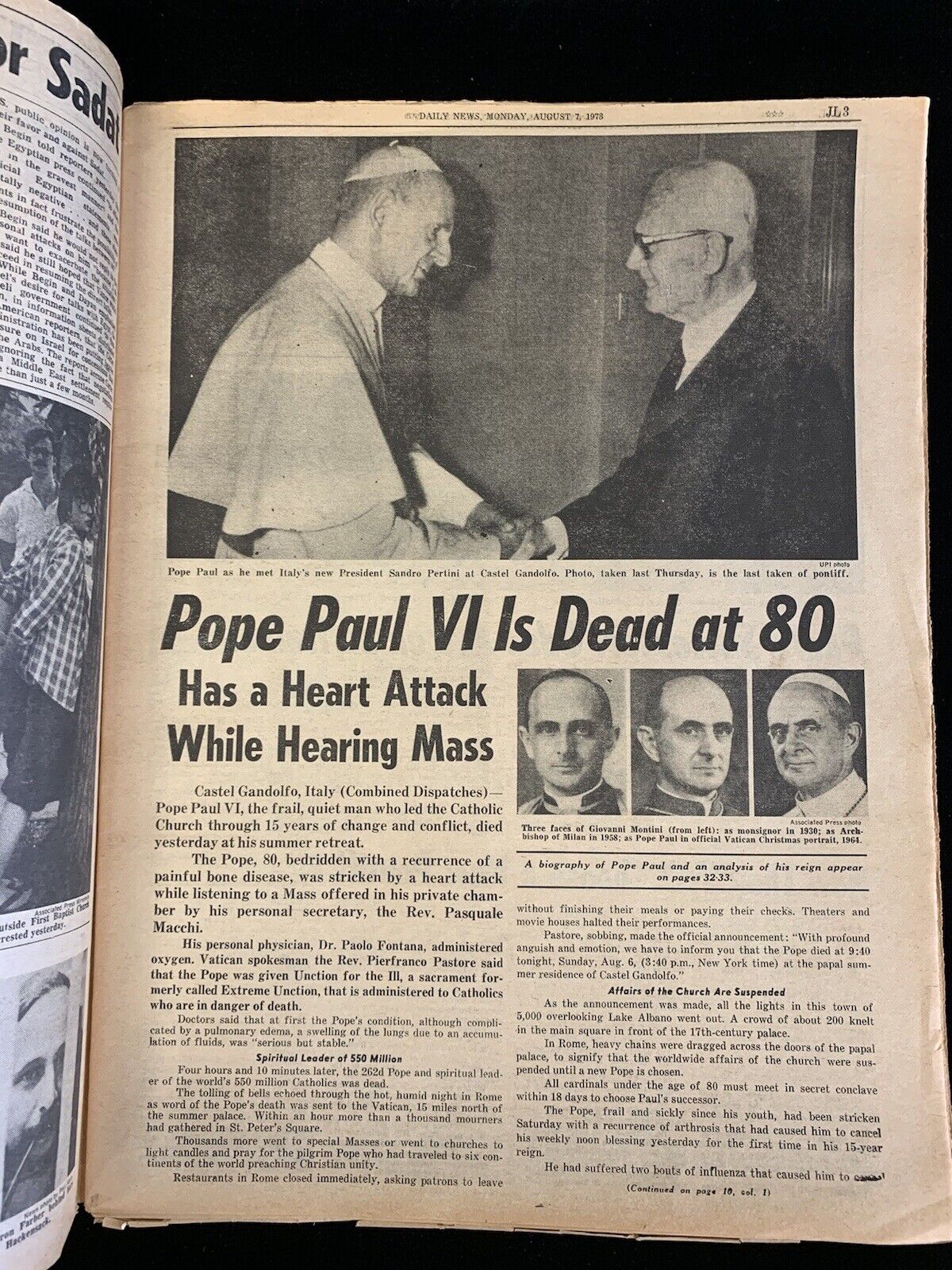 August 7, 1978 New York Daily News Complete Newspaper - Jim Hunter / Pope Dies