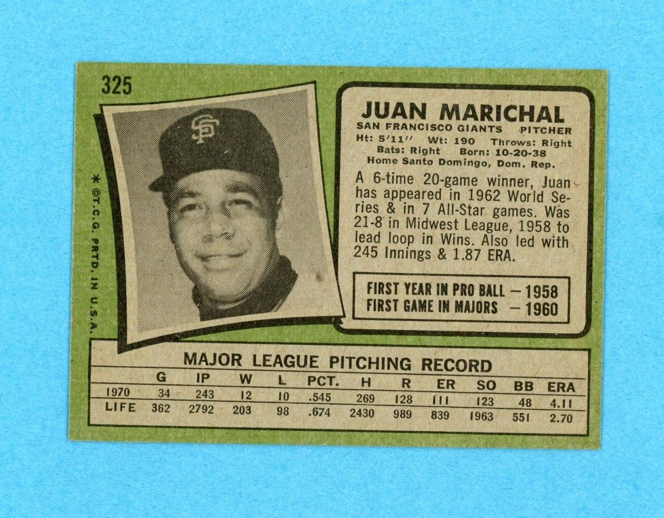 1971 Topps #325 Juan Marichal San Francisco Giants Baseball Card Ex/Mt vldtrc