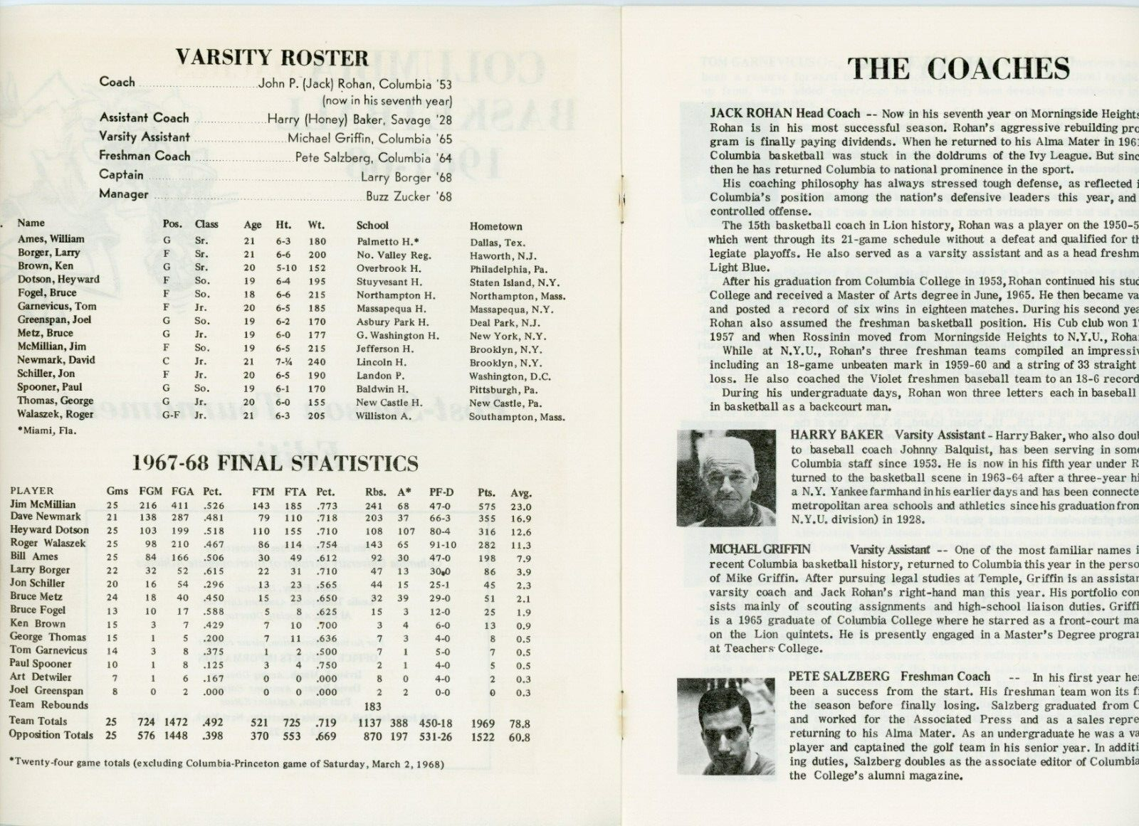 1967-68 Columbia University Basketball Post Season Tournament Guide