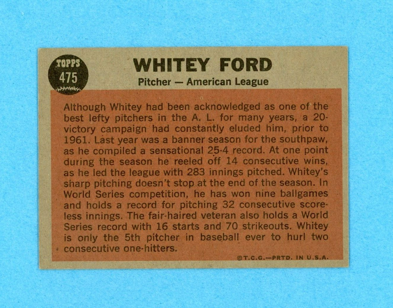 1962 Topps #475 Whitey Ford All-Star New York Yankees Baseball Card EX