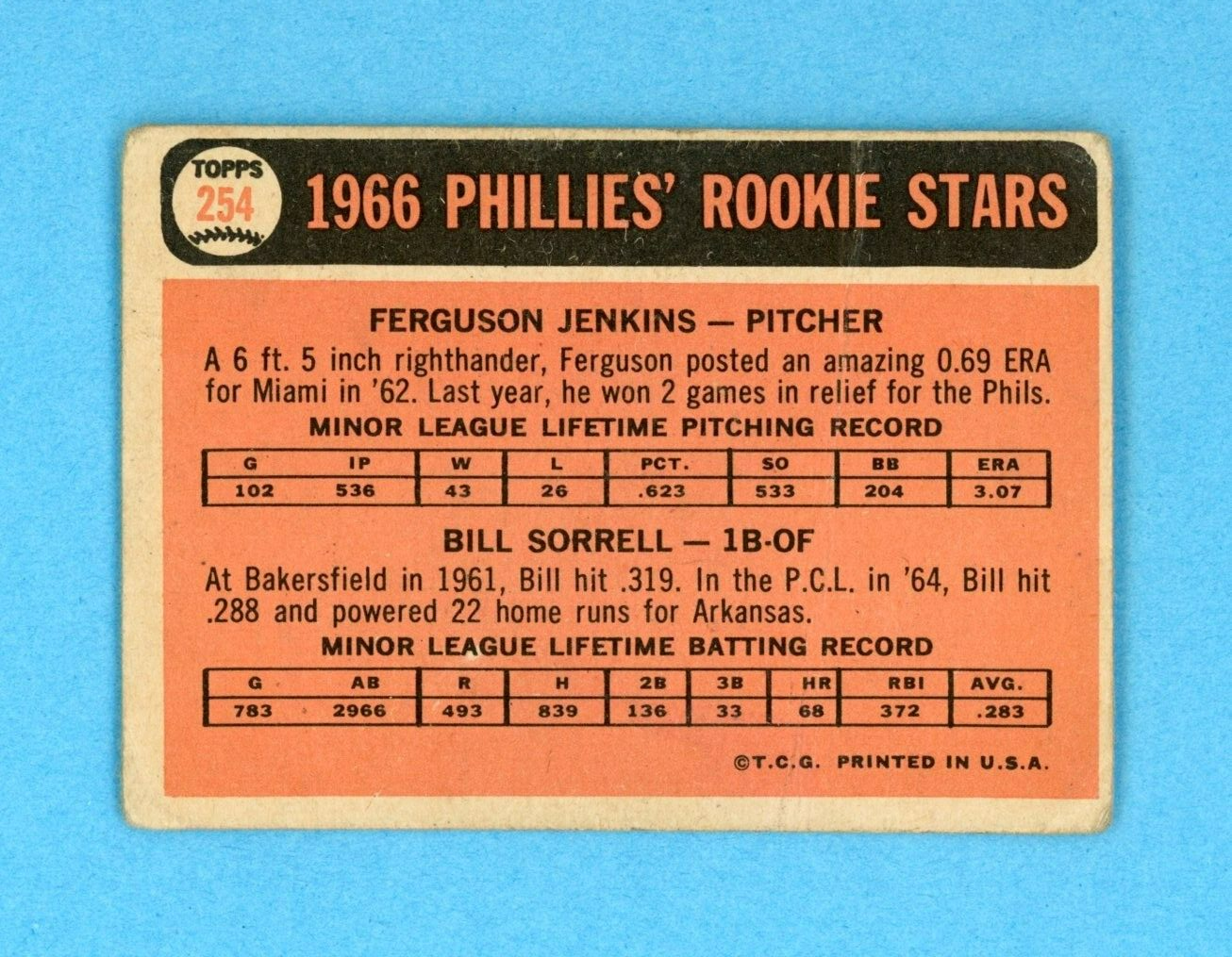 1966 Topps #254 Ferguson Jenkins Phila Phillies Rookie Baseball Card Low Grade