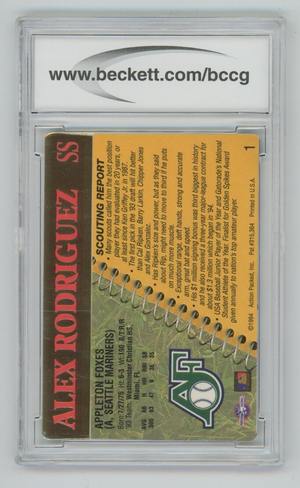 Alex Rodriguez 1994 Action Packed #1 • BCCG 10 Mint+