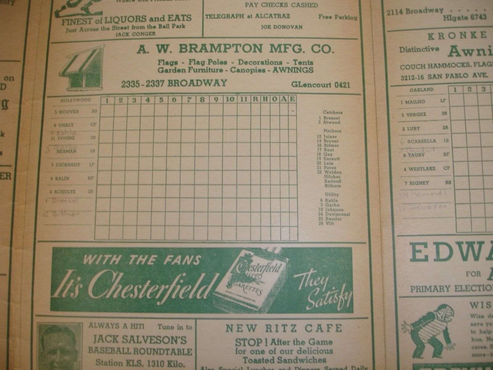 1942 Pacific Coast League Official Scorecard w/ 4 autographs-Hollywood @ Oakland