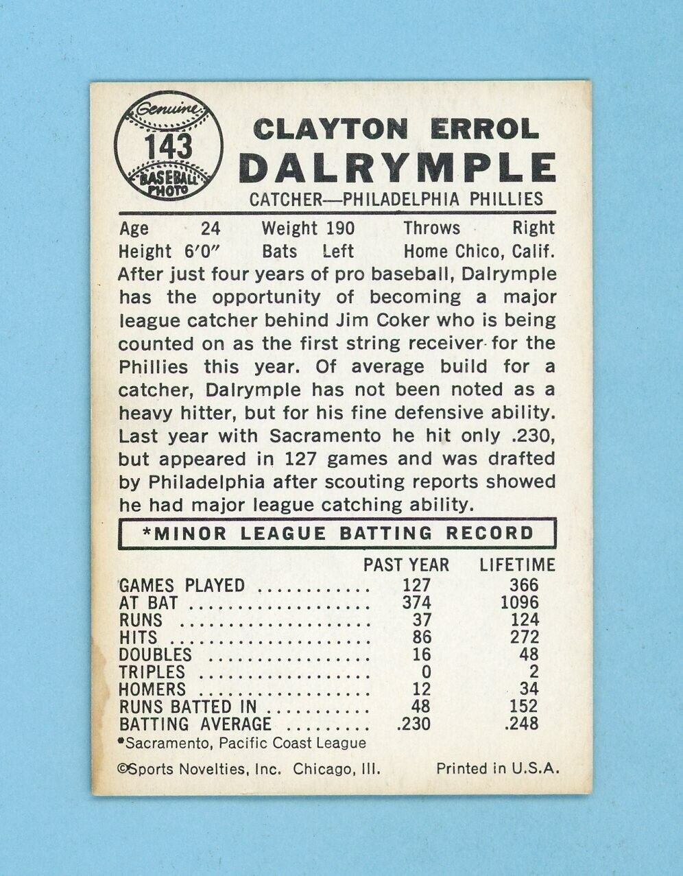 1960 Leaf #143 Clay Dalrymple Phila Phillies High Number Baseball Card E/E+ str