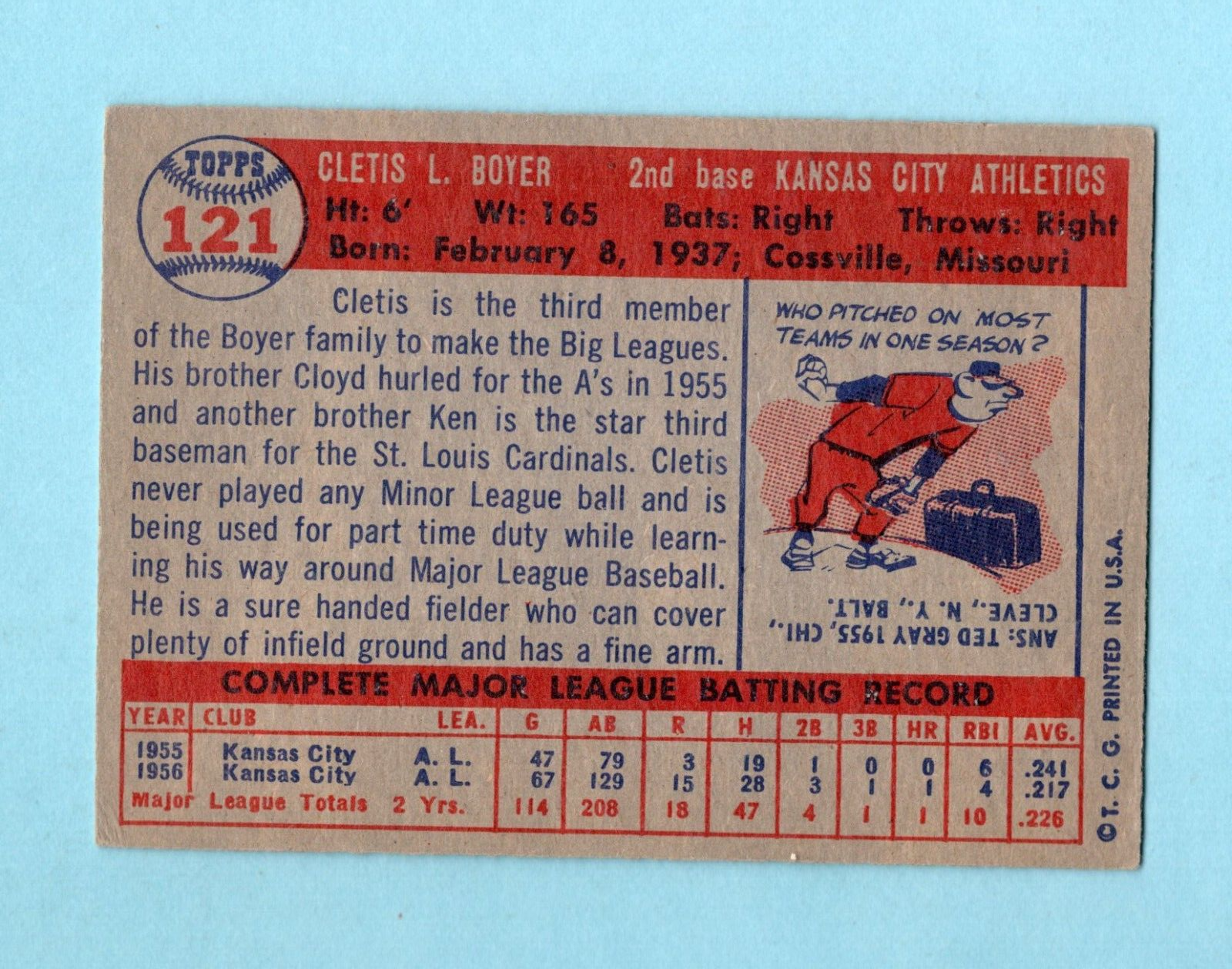 1957 Topps #121 Clete Boyer Kansas City Athletics Rookie Baseball Card EX