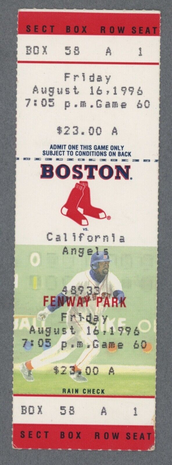 8/16/96 California Angels vs Boston Red Sox at Fenway Park Full Ticket