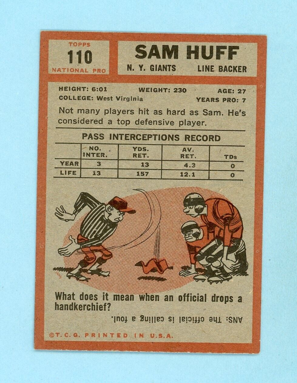 1962 Topps #110 Sam Huff New York Giants Football Card Ex/Mt