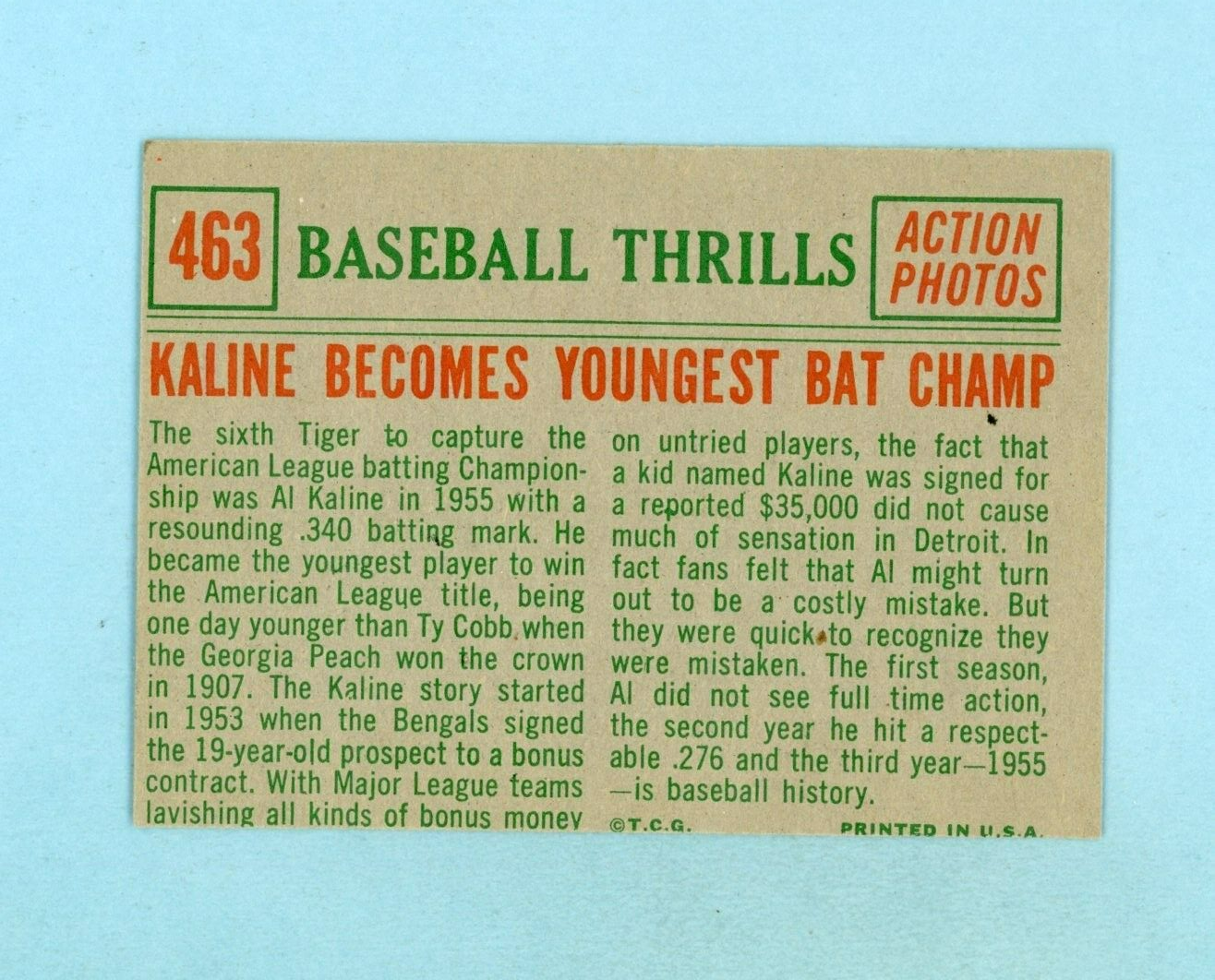 1959 Topps #463 Baseball Thrills Al Kaline Detroit Tigers Baseball Card Ex/Mt oc