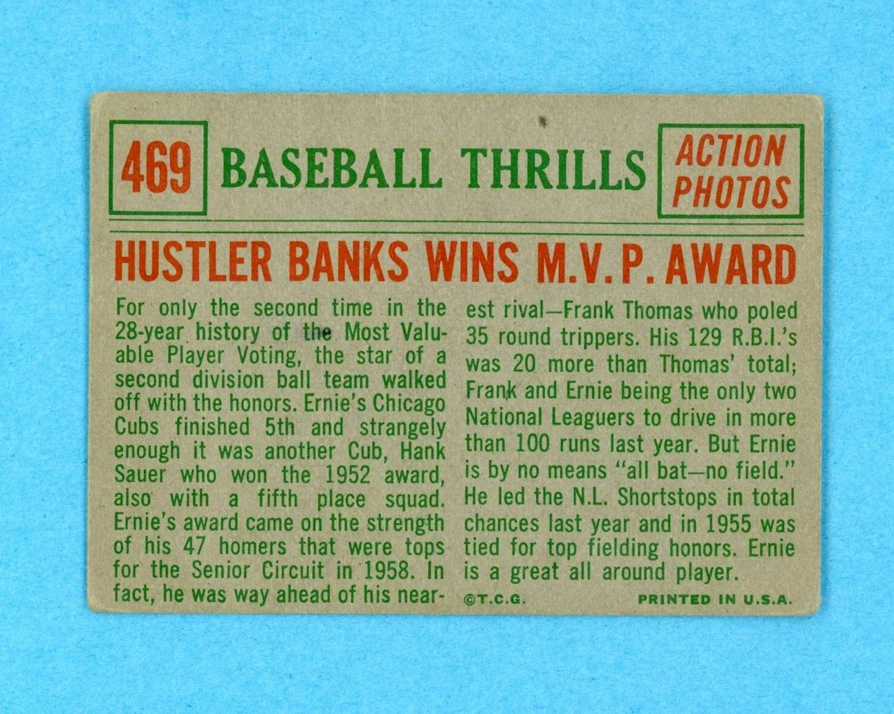 1959 Topps #469 Baseball Thrills Ernie Banks Cubs Baseball Card Low Grade