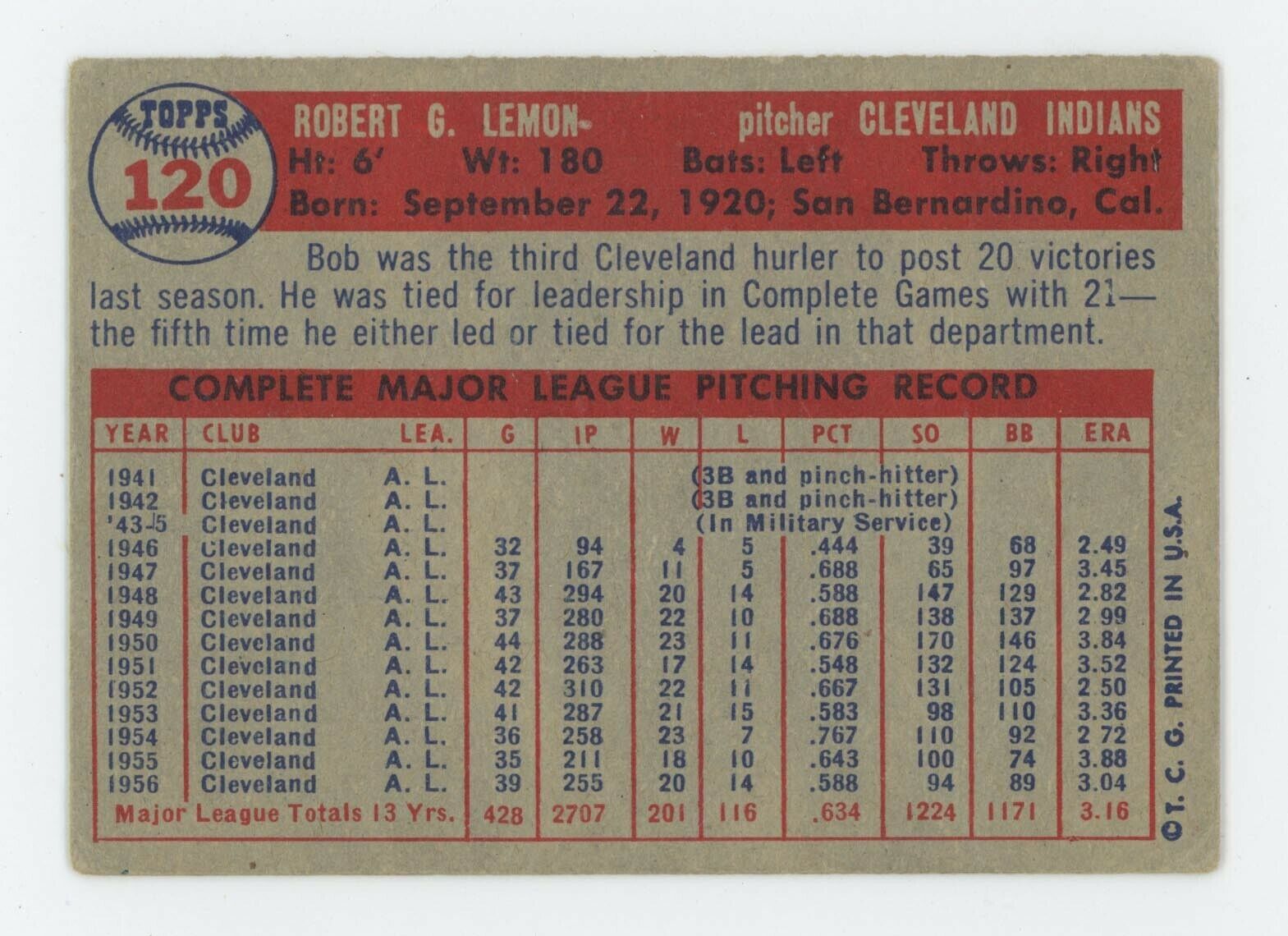 1957 Topps #120 Bob Lemon Cleveland Indians Baseball Card VG+