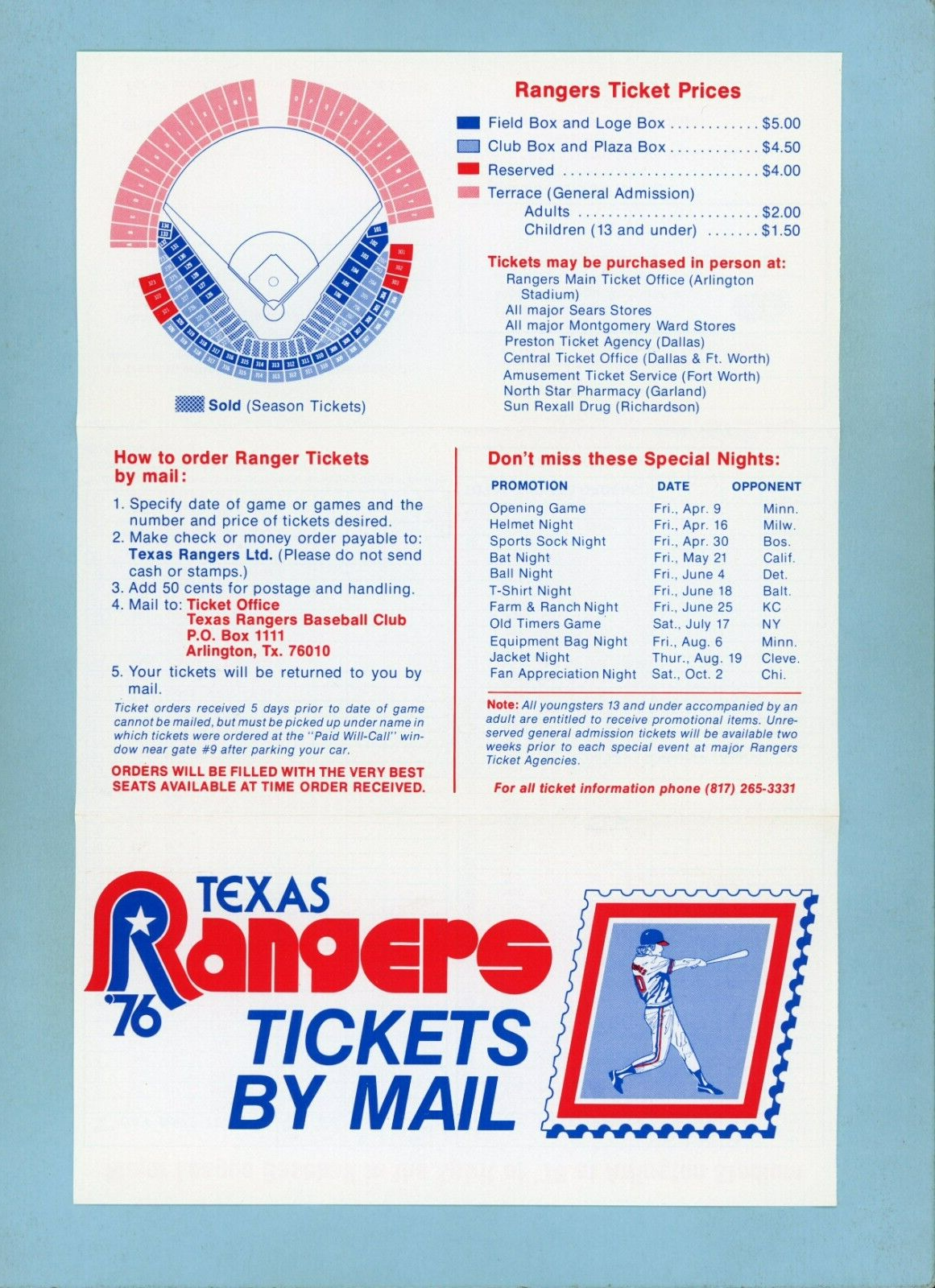 1976 Texas Rangers Home Schedule & Ticket Request Tri-Fold