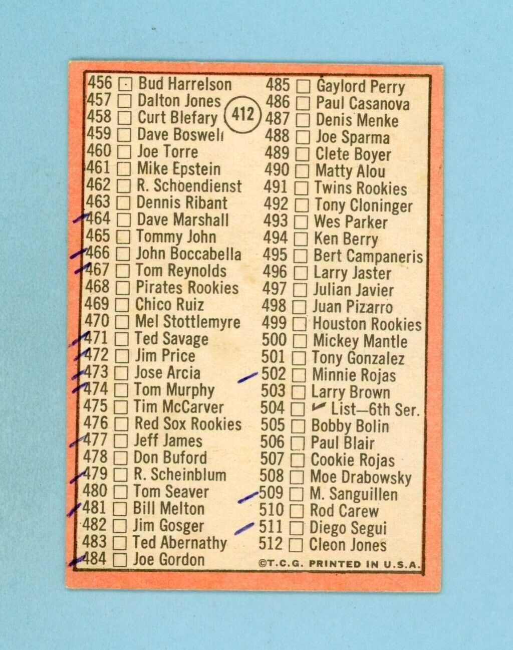 1969 Topps #412 5th Series Checklist Mickey Mantle Baseball Card EX ched