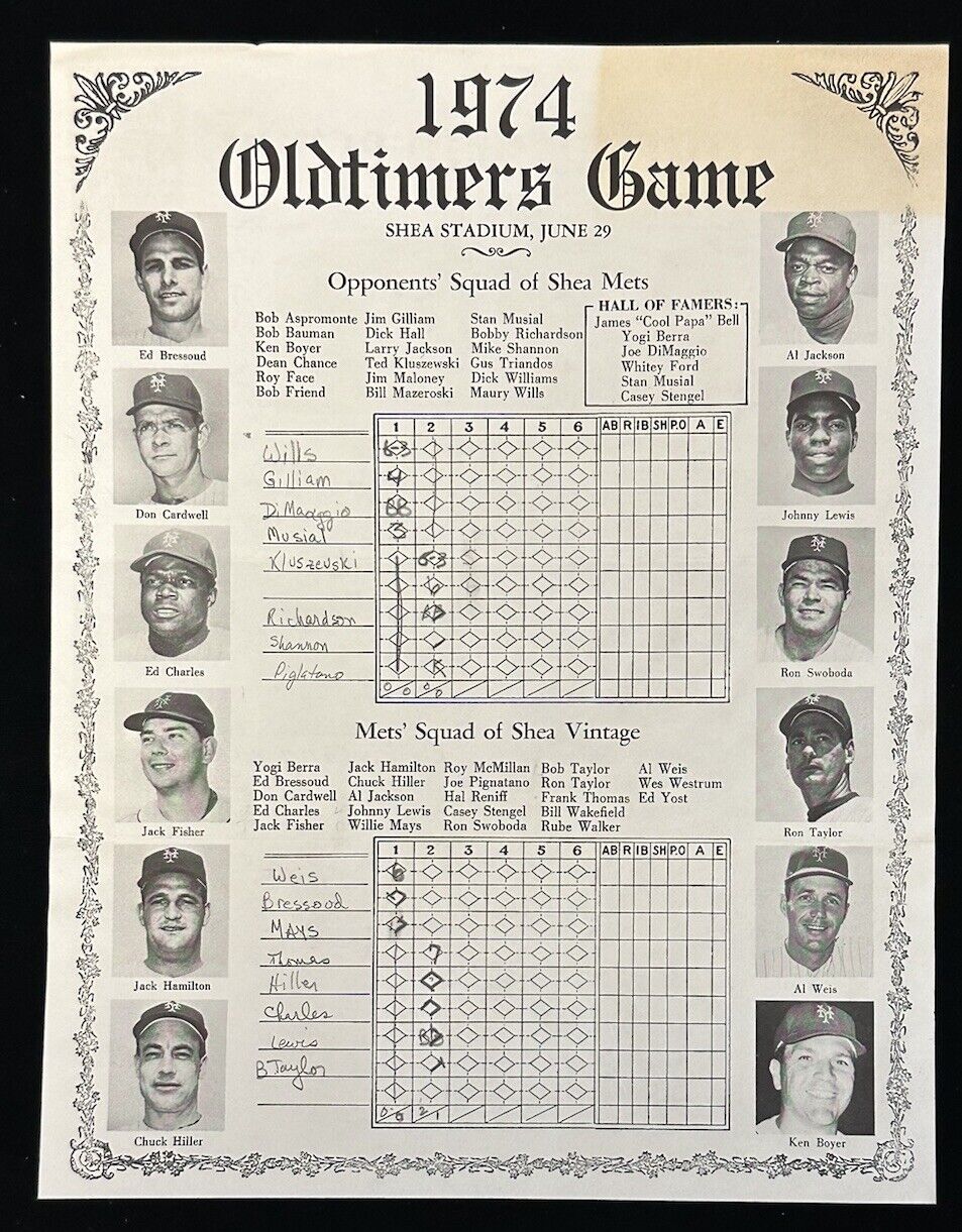 June 29, 1974 Oldtimers Game 1-Sheet Baseball Program @ Shea Stadium - Scored