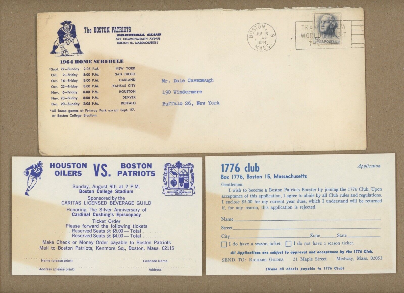 1964 Boston Patriots Fenway Park Letter, Schedule, & Ticket Order Forms 5 Pieces