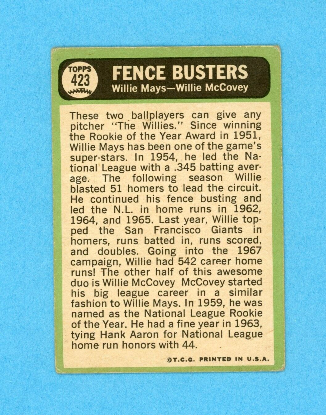 1967 Topps #423 Fence Busters Willie Mays, Willie McCovey Baseball Card VG - VG+