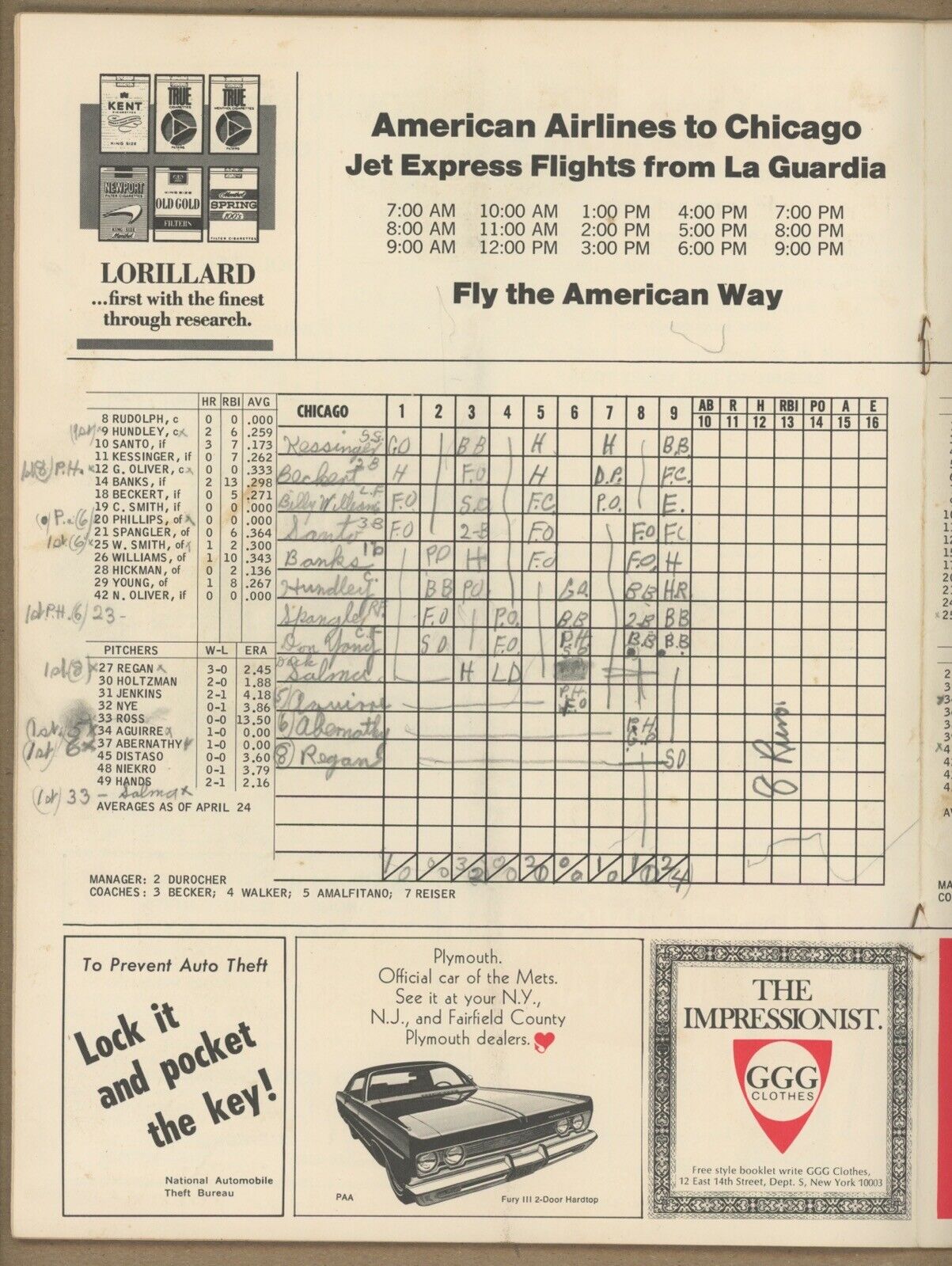 April 27, 1969 NY Mets vs Chicago Cubs Program at Shea Stadium • Neatly Scored