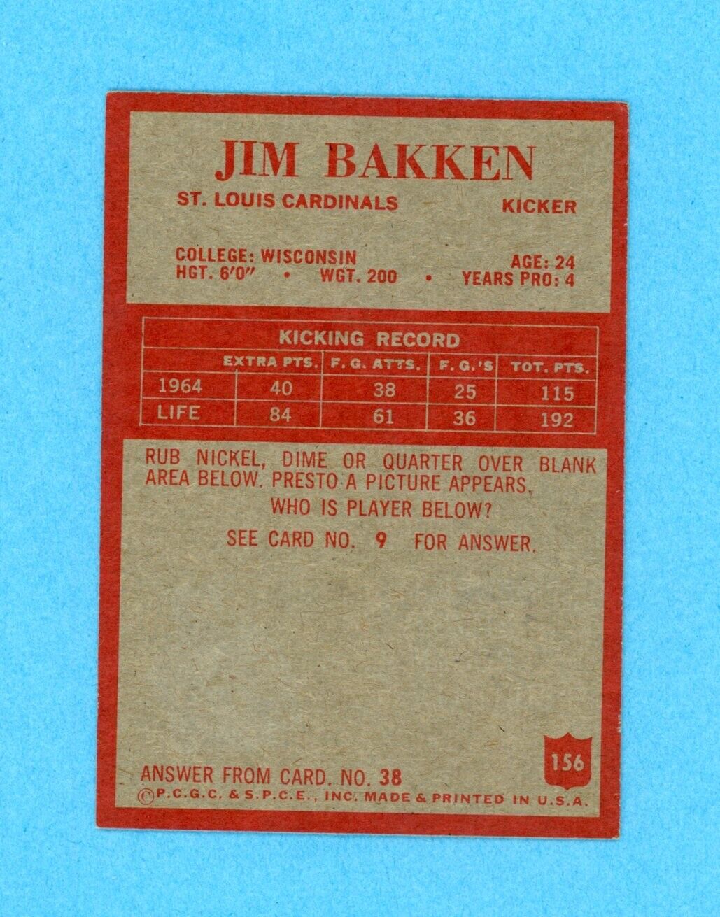 1965 Jim Bakken Signed Philadelphia Card #156 • Auto with B&E Hologram