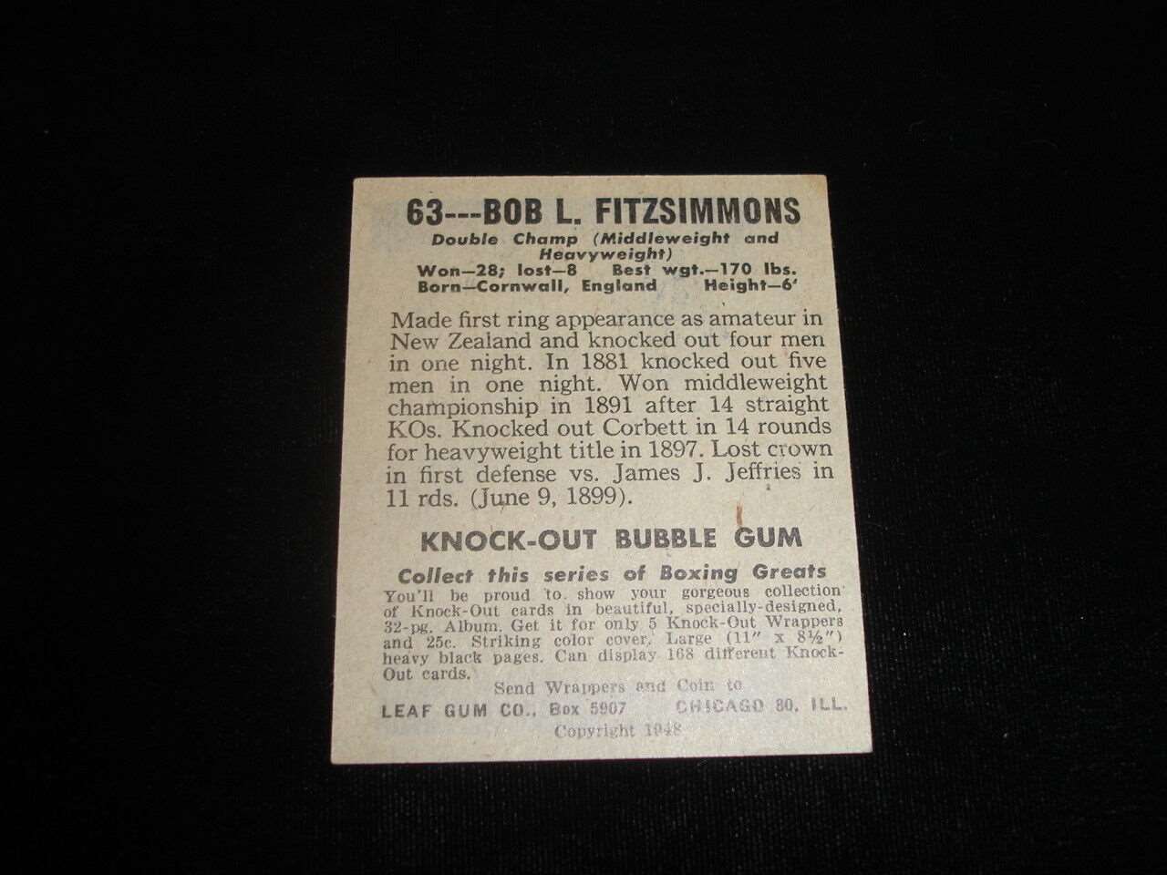 1948 Leaf Boxing Card-Bob L. Fitzsimmons-#63-EX/EX-MT