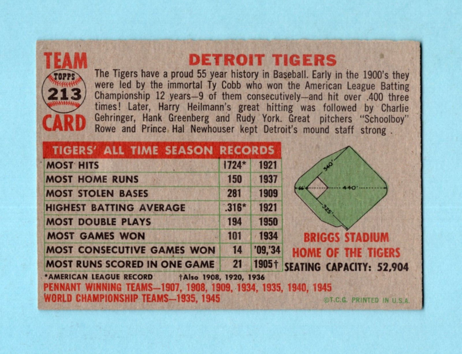 1956 Topps #213 Detroit Tigers Team Baseball Card EX+ - Ex/Mt o/c