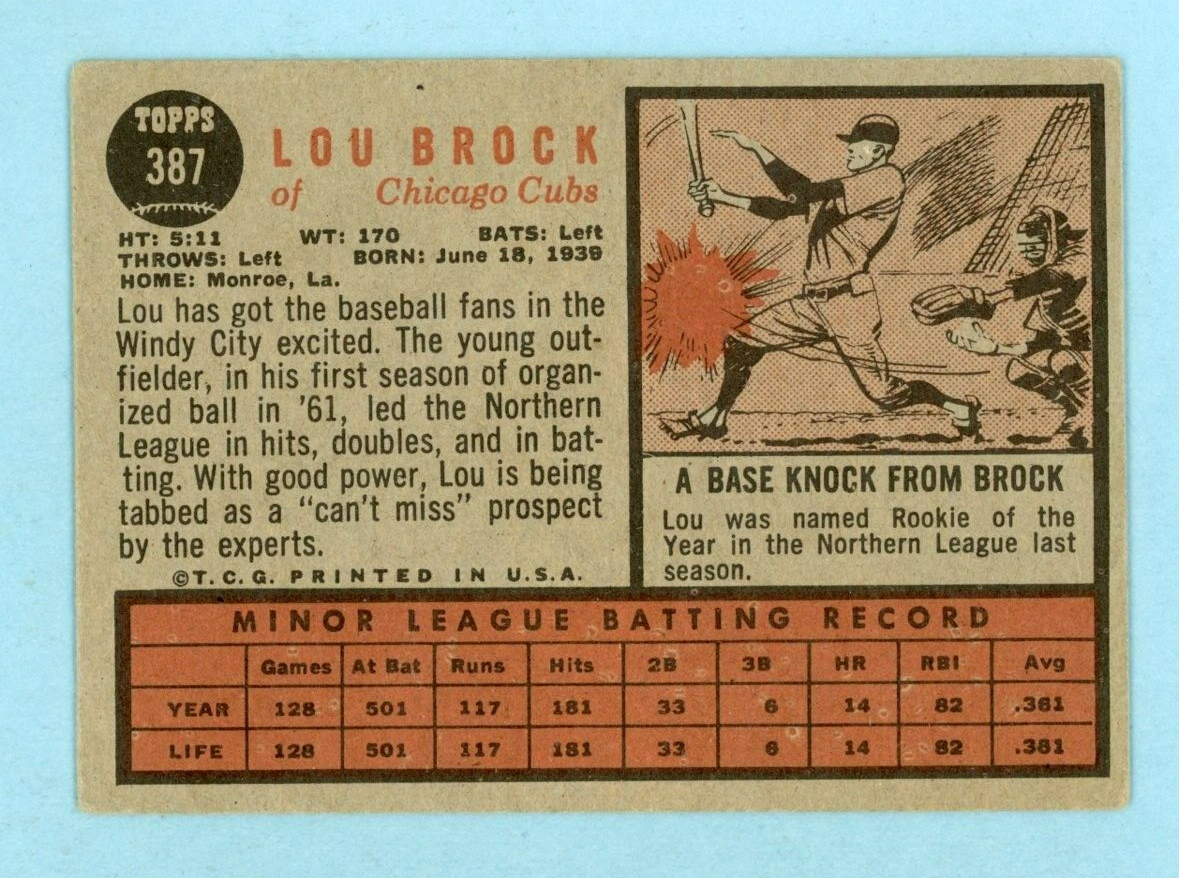 1962 Topps #387 Lou Brock Chicago Cubs Rookie Baseball Card VG+